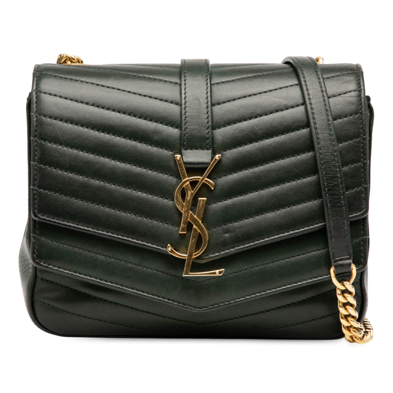 Saint Laurent Green Chevron Lambskin Monogram Sulpice Crossbody Bag: Saint Laurent Green Chevron Lambskin Monogram Sulpice Crossbody Bag This stylish crossbody bag from Saint Laurent is crafted from luxurious quilted lambskin leather in a stunning green hue. It feature