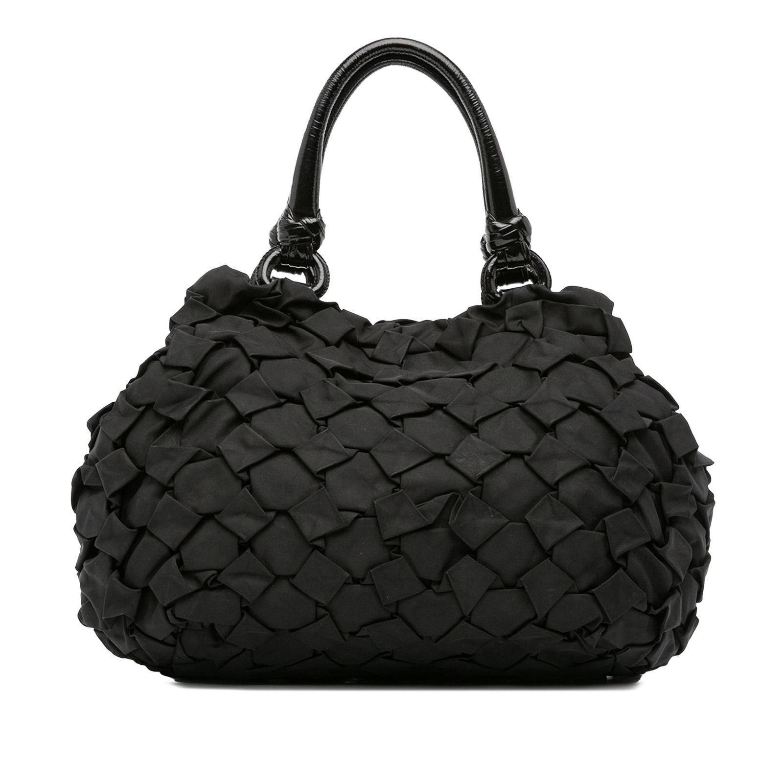 Prada Tessuto Weave Tote Black Nylon with Patent Leather Handles: Prada Tessuto Weave Tote Black Nylon with Patent Leather Handles Introducing the Prada Tessuto Weave Tote, a sophisticated and stylish bag crafted with a durable weave nylon body. This tote is enhance