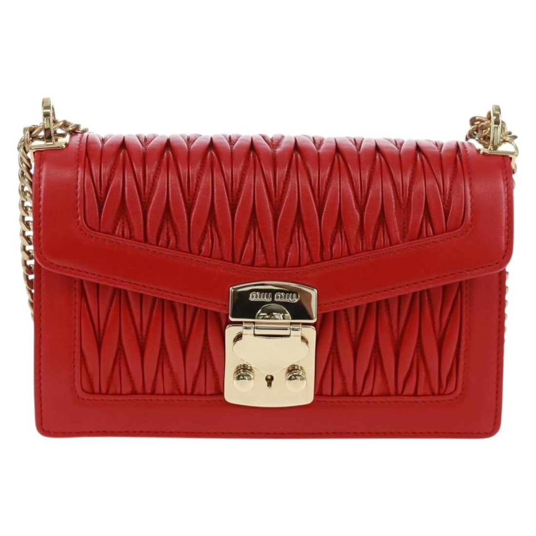 Red Matelasse Leather Flap Lock Shoulder Bag by Miu Miu: Red Matelasse Leather Flap Lock Shoulder Bag by Miu Miu This Miu Miu Flap Lock Shoulder Bag features red matelasse leather, a flap closure with lock, and a shoulder strap. The bag is designed for wome