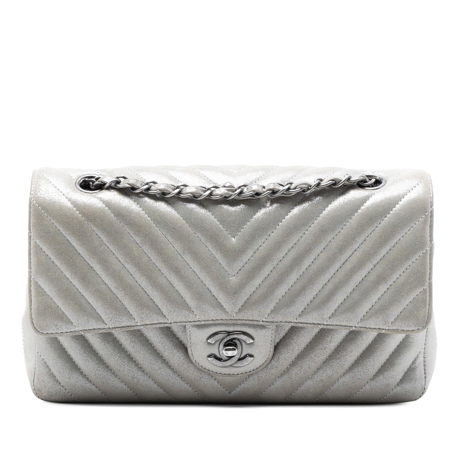 Chanel Silver Chevron Iridescent Lambskin Medium Double Flap Shoulder Bag: Chanel Silver Chevron Iridescent Lambskin Medium Double Flap Shoulder Bag This Chanel Medium Classic Chevron Iridescent Lambskin Double Flap shoulder bag features a quilted leather body with an irides