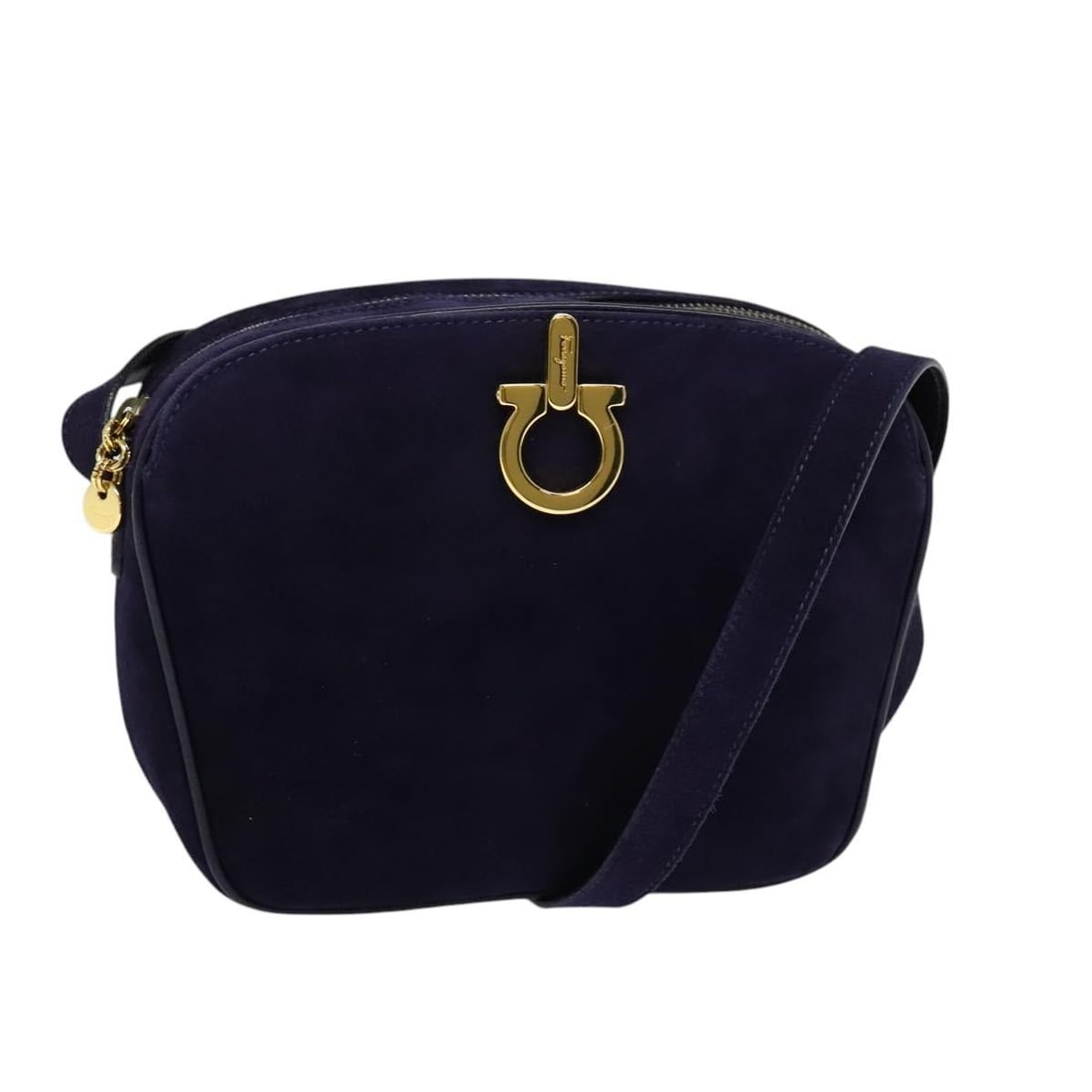 Gancini Purple Suede Shoulder Bag by Salvatore Ferragamo: Gancini Purple Suede Shoulder Bag by Salvatore Ferragamo This Salvatore Ferragamo Gancini Shoulder Bag is crafted from purple suede and designed for women. It features a structured silhouette with