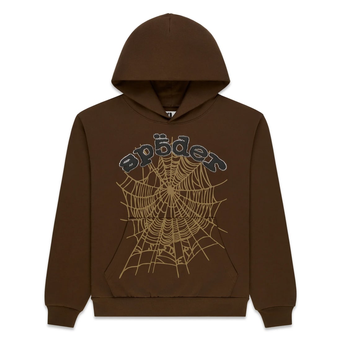Brown Hoodie with Spider OG Web Graphic and Rhinestone Accents Size Small: Brown Hoodie with Spider OG Web Graphic and Rhinestone Accents Size Small This brown hoodie features the brand's signature OG web graphic embellished with rhinestone accents, offering a bold