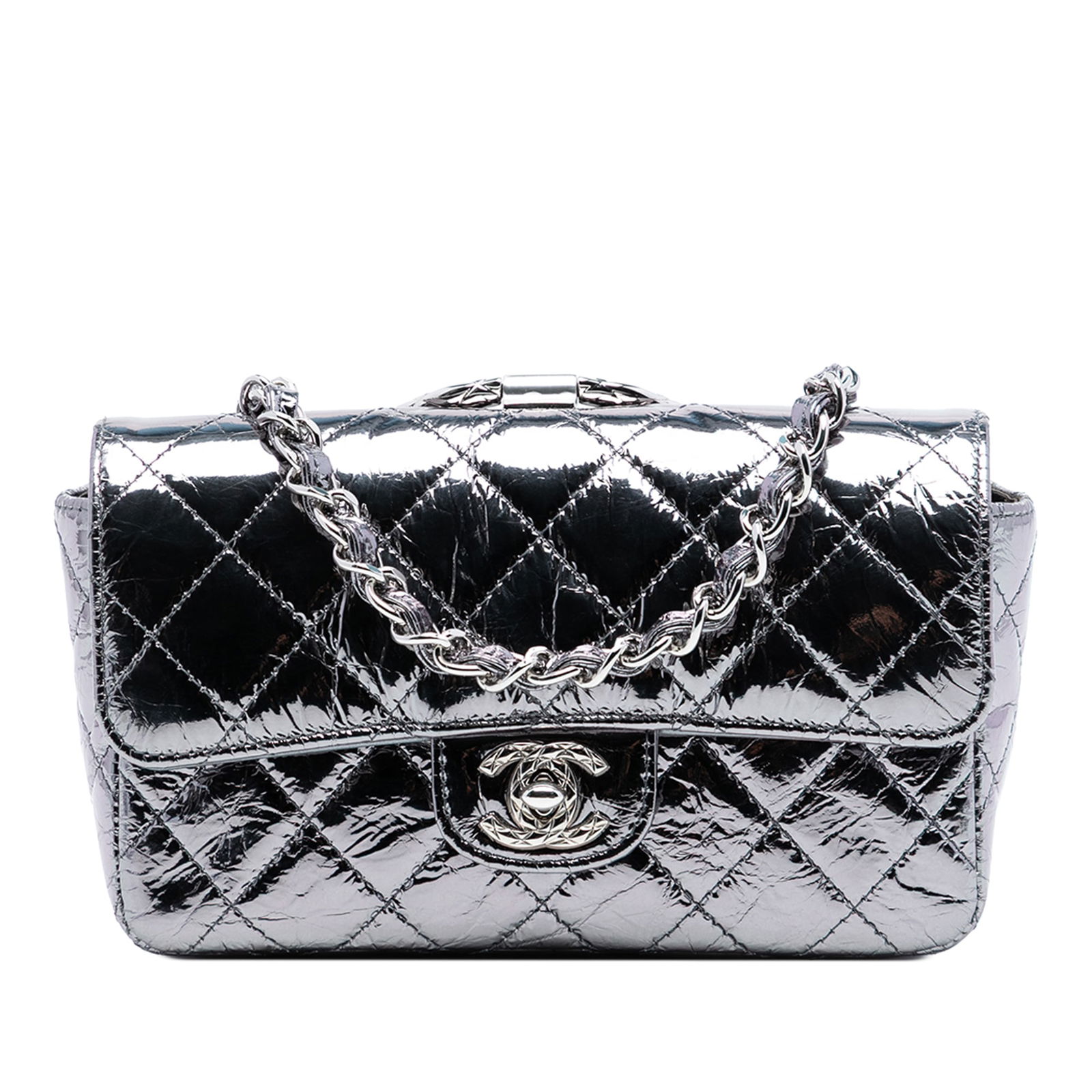Chanel Silver Leather Mini Bag with Quilted Pattern and Ring Handle: Chanel Silver Leather Mini Bag with Quilted Pattern and Ring Handle This Chanel Mini Quilted Metallic Calfskin Ring Top Handle Flap bag features a metallic quilted leather body, a distinctive round me