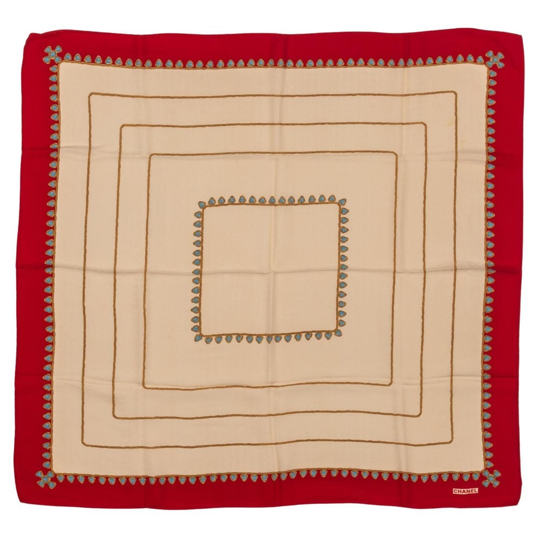 Chanel Vintage Silk Gripoix Scarf 33 in Beige with Red Frame: Chanel Vintage Silk Gripoix Scarf 33 in Beige with Red Frame This exquisite Chanel Vintage Beige Silk Gripoix Scarf showcases a sophisticated geometric squares pattern adorned with a striking red fram