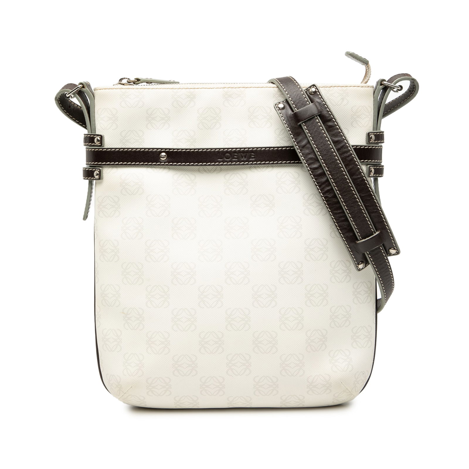 Anagram Coated Canvas White Crossbody Bag with Leather Strap by LOEWE: Anagram Coated Canvas White Crossbody Bag with Leather Strap by LOEWE This LOEWE Anagram crossbody bag features a coated canvas body with leather trim, a flat leather shoulder strap, a top zip closure