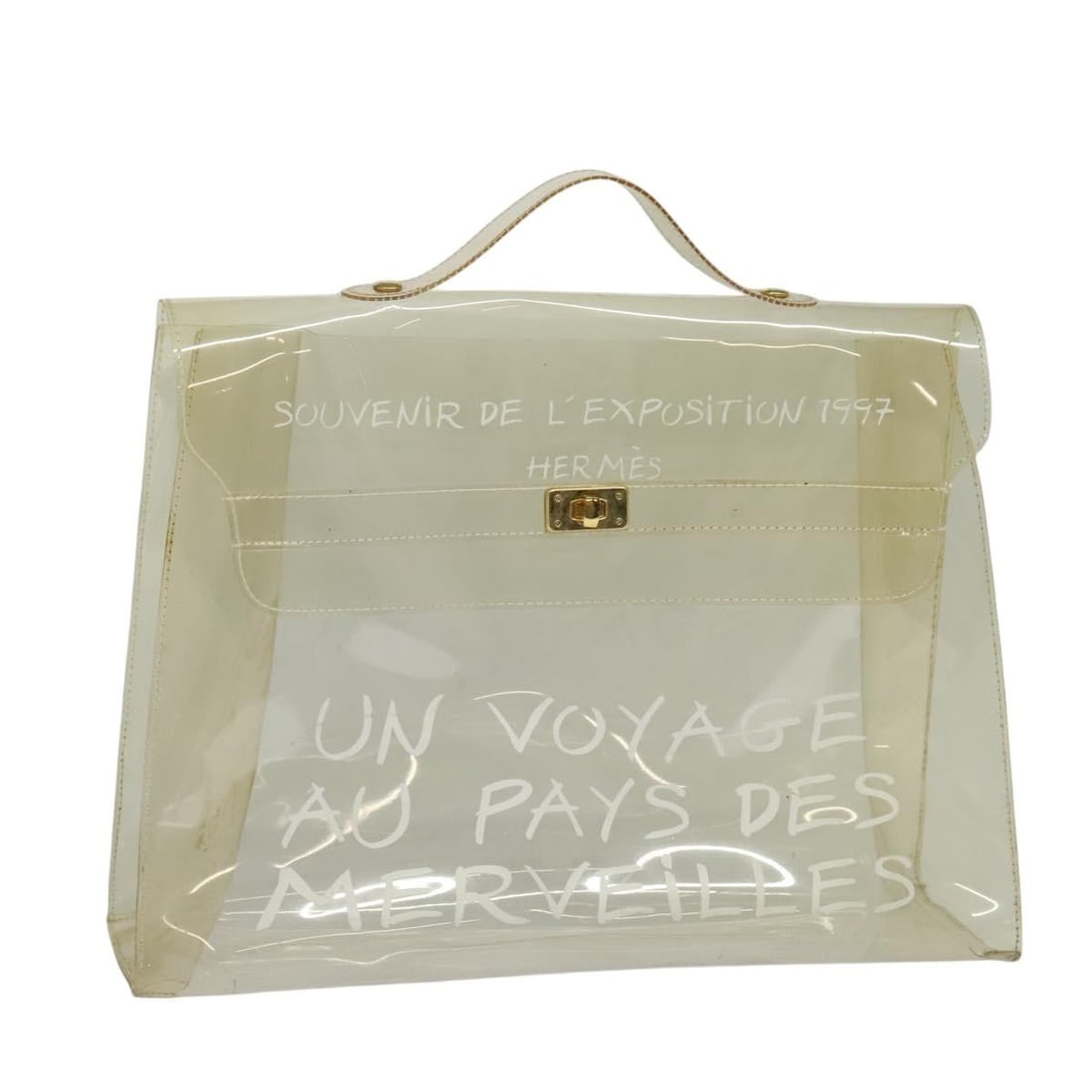 Clear Vinyl Hermes Kelly Bag 40cm Unisex French Plastic Purse: Clear Vinyl Hermes Kelly Bag 40cm Unisex French Plastic Purse This Hermes Kelly Handbag is crafted from clear plastic and designed for unisex use. The bag features a structured silhouette with visible