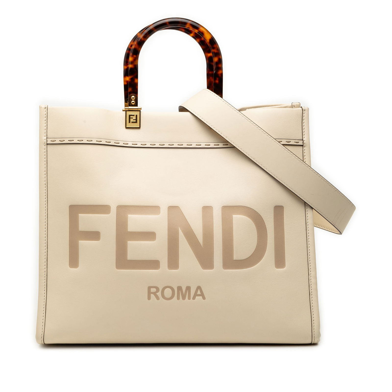 Fendi Sunshine Shopper Medium Brown Leather Tote with Acrylic Handles: Fendi Sunshine Shopper Medium Brown Leather Tote with Acrylic Handles This Fendi Medium Leather Sunshine Shopper Tote features a brown leather body with flat acrylic top handles and a detachable flat