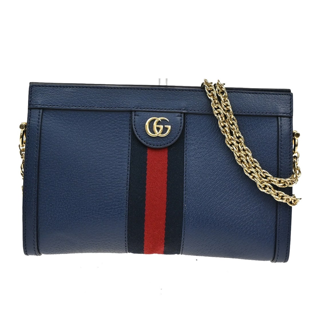 Gucci Ophidia Navy Leather Chain Shoulder Bag: Gucci Ophidia Navy Leather Chain Shoulder Bag The Gucci Ophidia Chain Shoulder Bag is crafted from navy leather and designed for women. This Italian-made bag features a chain shoulder strap and displa