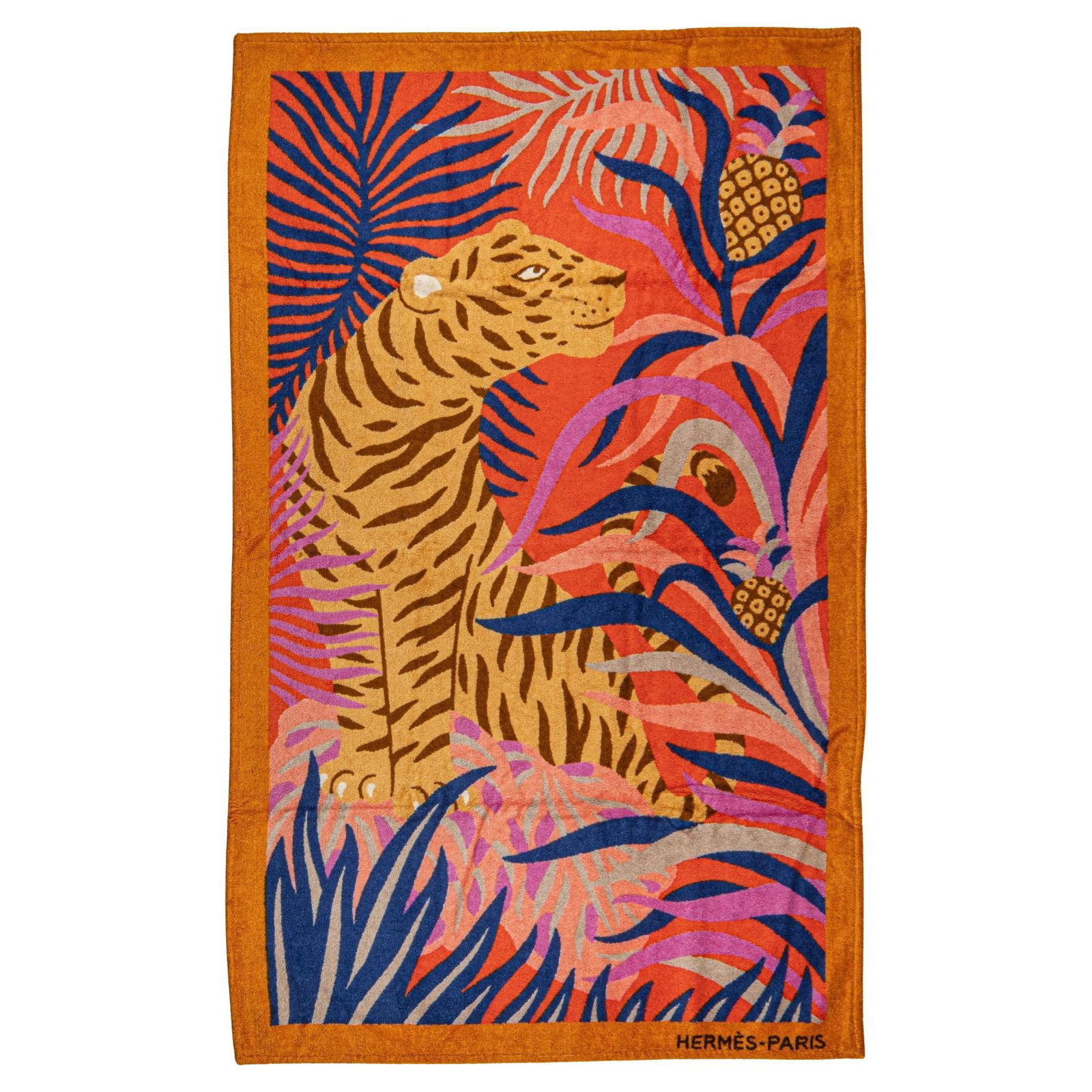 Hermes Tigre a l'Ananas Cotton Beach Towel 61 x 37 In: Hermes Tigre a l'Ananas Cotton Beach Towel 61 x 37 In Experience luxury at the beach with this Hermes Tigre a l'Ananas Beach Towel. Crafted from 100% cotton, this towel showcases a stunning Tiger moti
