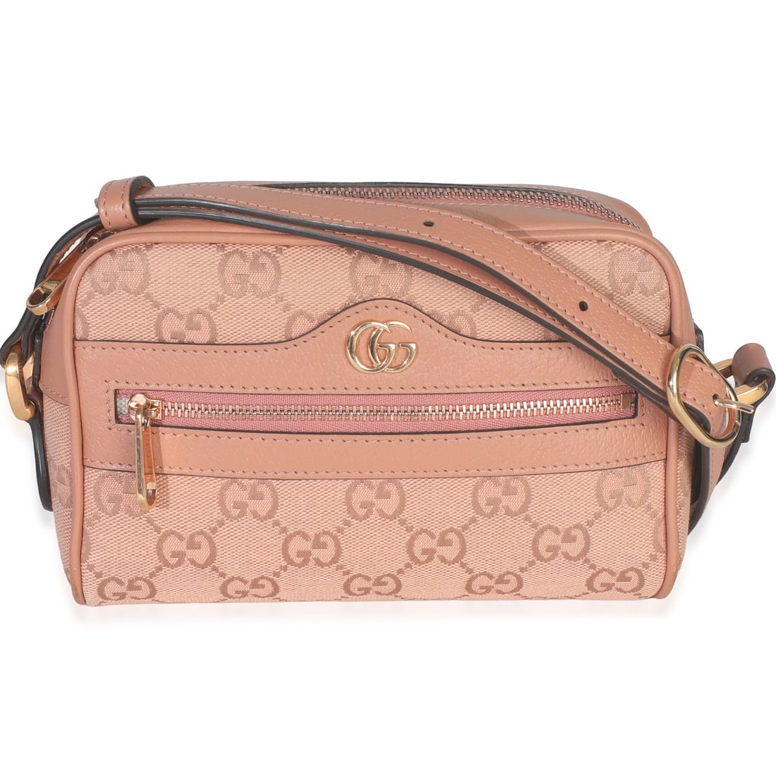 Mini Ophidia pink canvas shoulder bag by Gucci with gold-tone hardware: Mini Ophidia pink canvas shoulder bag by Gucci with gold-tone hardware This Gucci Mini Ophidia Shoulder Bag features pink GG canvas with gold-tone hardware and a zip-around closure. The mini-sized bag