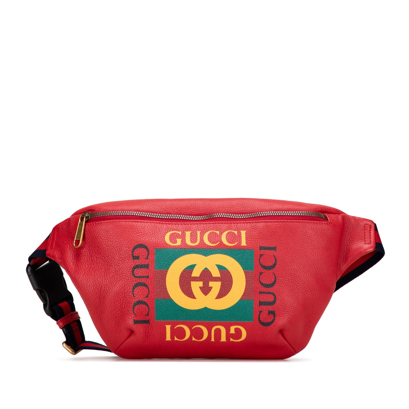 Gucci Red Grained Calfskin Logo Belt Bag with Adjustable Strap: Gucci Red Grained Calfskin Logo Belt Bag with Adjustable Strap Introducing the Gucci Grained Calfskin Logo Belt Bag, a stylish accessory crafted from premium grained calf leather. This belt bag featur