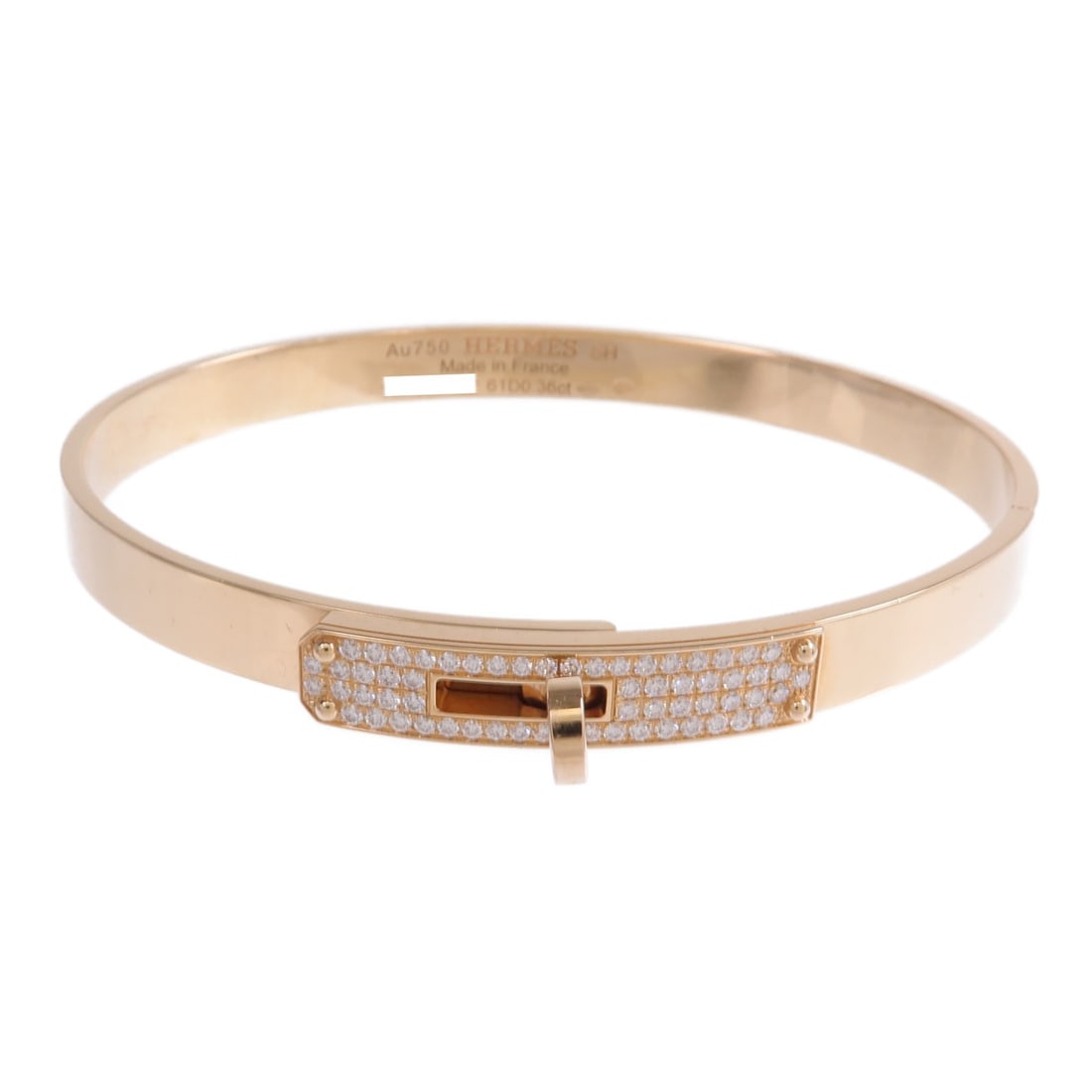 Diamond and 18K Rose Gold Kelly Bracelet by Hermes: Diamond and 18K Rose Gold Kelly Bracelet by Hermes This Hermes Kelly bracelet is crafted from 18K pink (rose) gold and features diamond accents. Made in France, it offers a sophisticated and elegant d