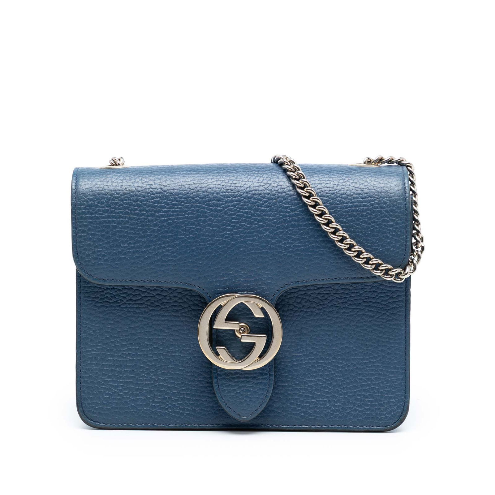 Gucci Interlocking G Blue Leather Small Crossbody Bag with Chain Strap: Gucci Interlocking G Blue Leather Small Crossbody Bag with Chain Strap This Gucci Small Dollar Calfskin Interlocking G Crossbody bag features a leather body in blue, a chain-link shoulder strap with a