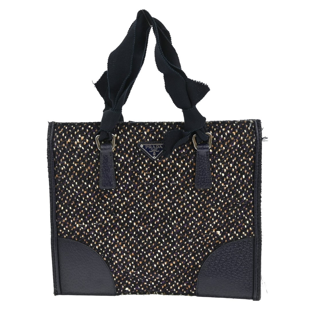 Prada Small Top Handle Blue Tweed Bag with Double Handles: Prada Small Top Handle Blue Tweed Bag with Double Handles Presenting a stylish Prada top handle handbag, crafted from luxurious blue tweed, perfect for casual occasions. This small-sized handbag featu