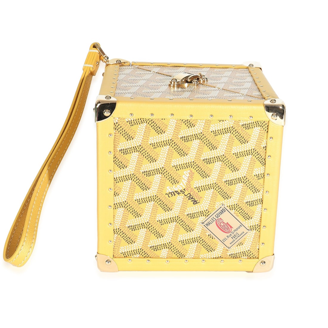 Goyard De Trunk Gold Canvas and Leather Clutch Bag with Accessories: Goyard De Trunk Gold Canvas and Leather Clutch Bag with Accessories This Goyard De Trunk Bag features a distinctive gold Goyardine canvas and leather exterior, designed in a compact clutch style. The