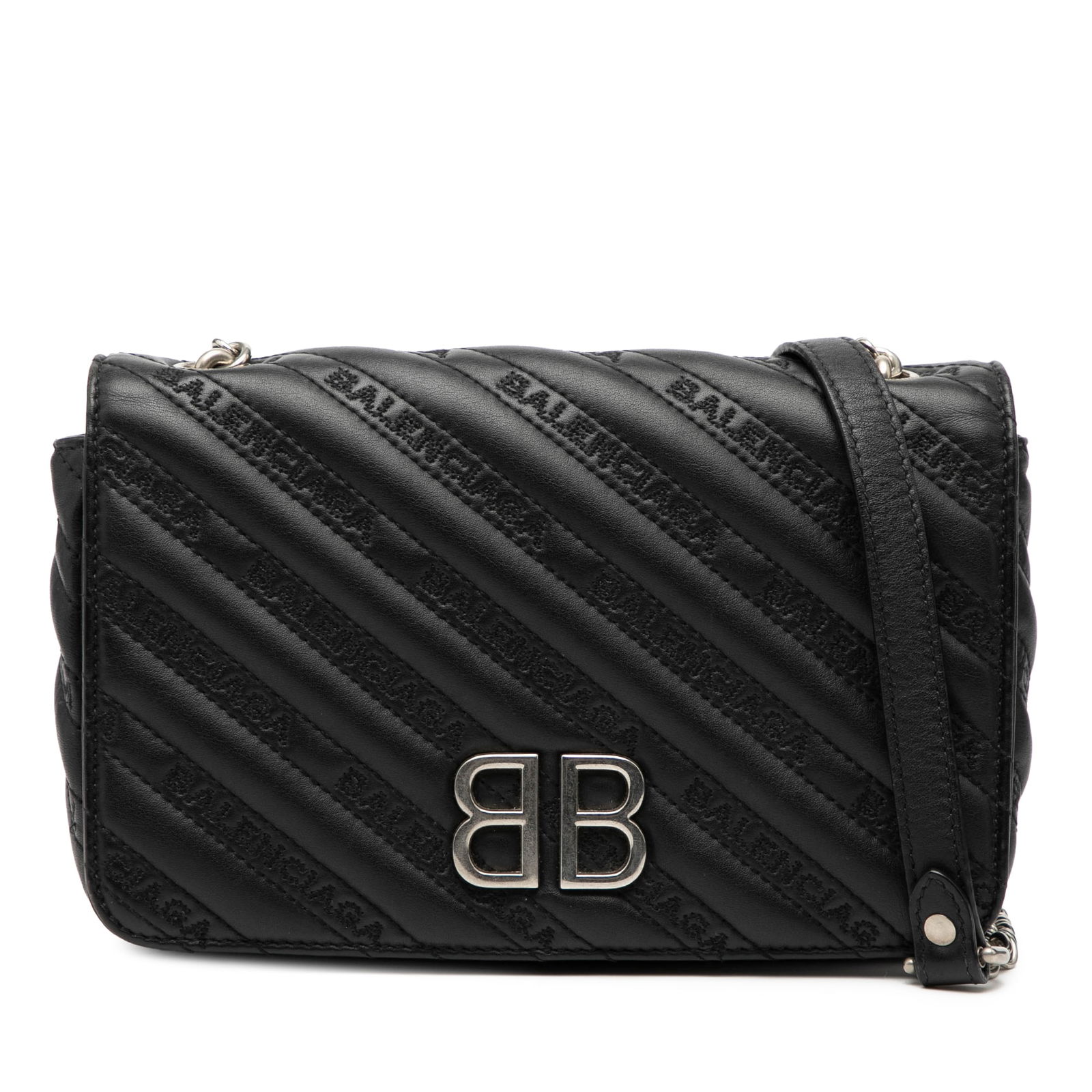 Balenciaga Black Embossed Leather Chain Wallet with Allover Logo: Balenciaga Black Embossed Leather Chain Wallet with Allover Logo This Balenciaga crossbody wallet on chain features an embossed leather body with an allover logo design, a chain shoulder strap, a fron