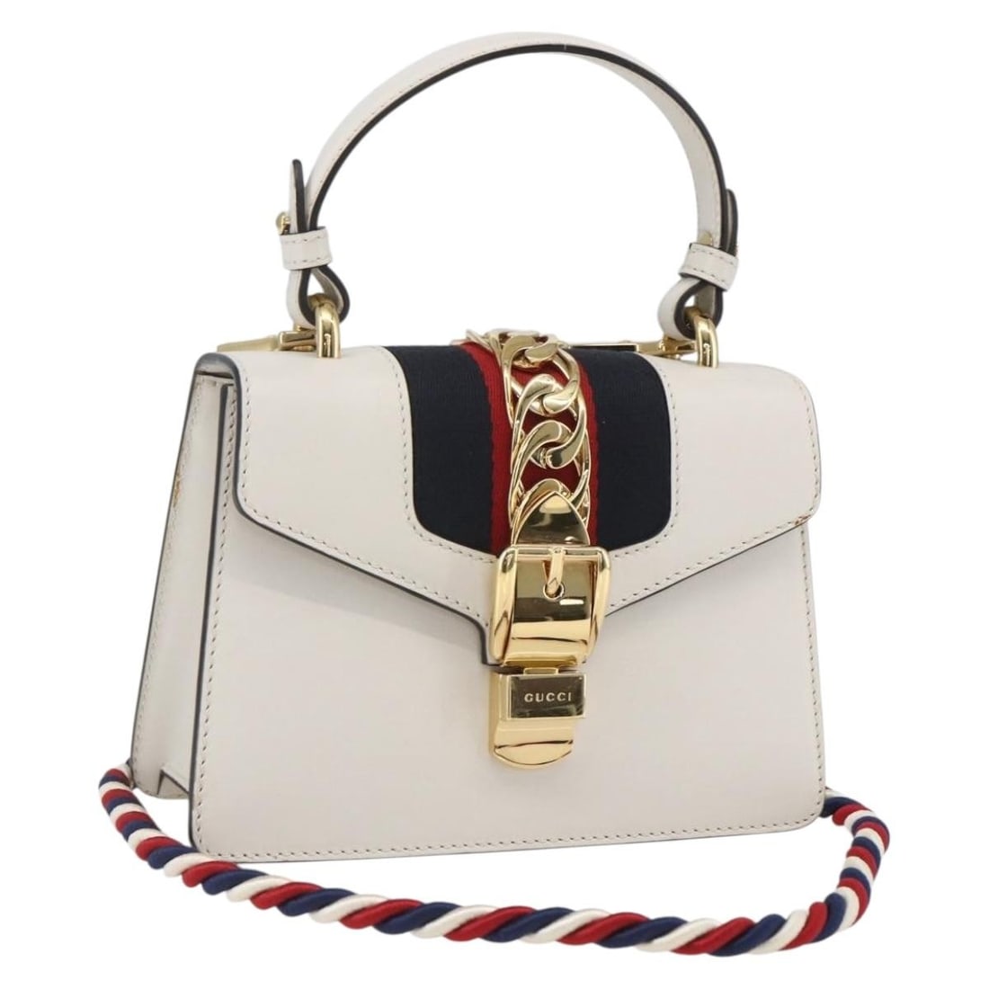 Gucci Sylvie Sherry Line White Leather 2way Handbag with Strap and Dust Bag: Gucci Sylvie Sherry Line White Leather 2way Handbag with Strap and Dust Bag This GUCCI Silvi Sherry Line handbag is crafted from white and gold leather and offers versatile use as both a handbag and a