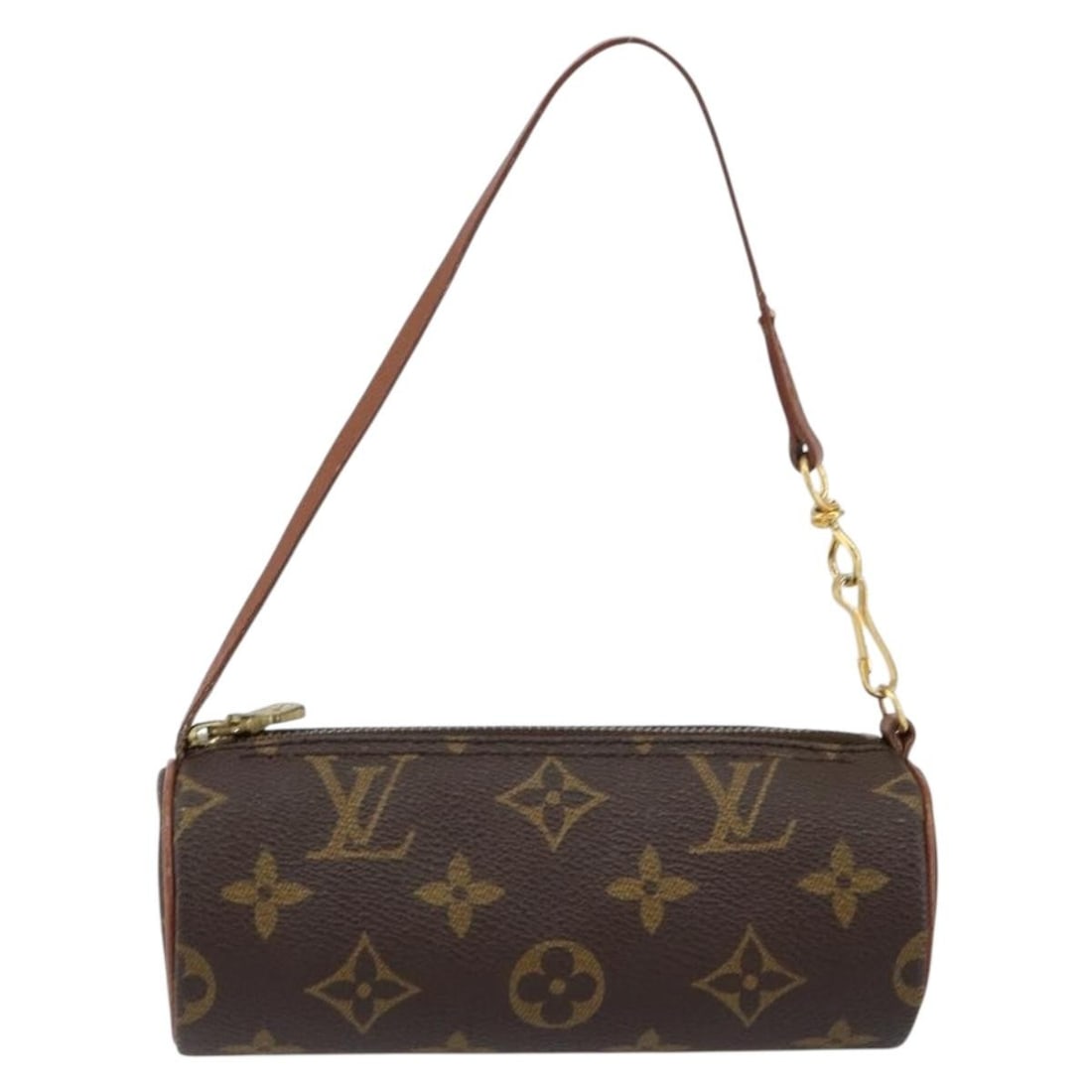 Louis Vuitton Papillon Monogram Canvas Pouch Brown 15.5cm: Louis Vuitton Papillon Monogram Canvas Pouch Brown 15.5cm This pre-owned Louis Vuitton Papillon Pochette for women is crafted from brown monogram canvas. It features a cylindrical shape with a compact