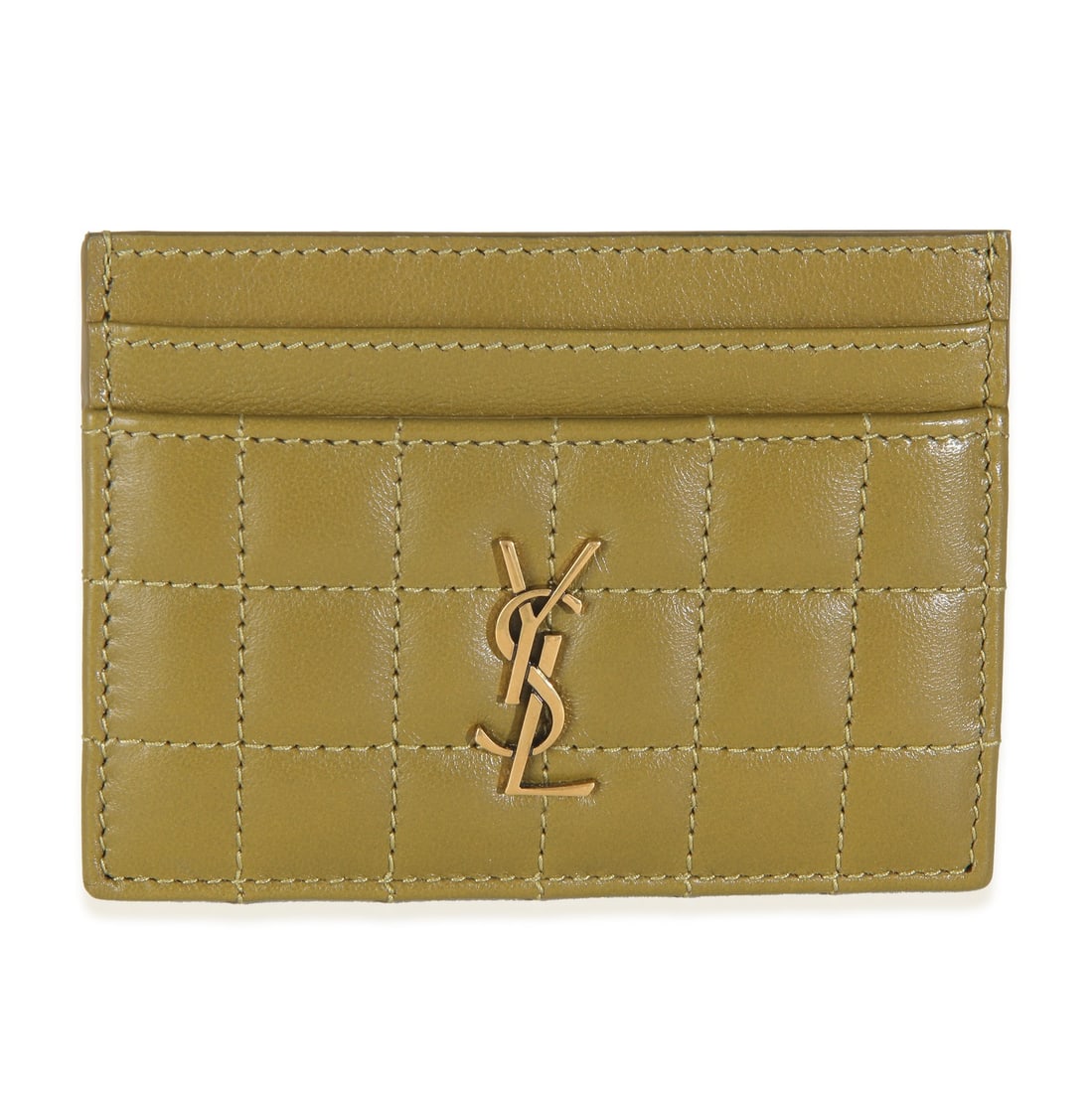 Cassandre Green Quilted Lambskin Credit Card Case by Saint Laurent with Box: Cassandre Green Quilted Lambskin Credit Card Case by Saint Laurent with Box This Saint Laurent Cassandre credit card case features an olive drab quilted lambskin leather exterior with an open top desi