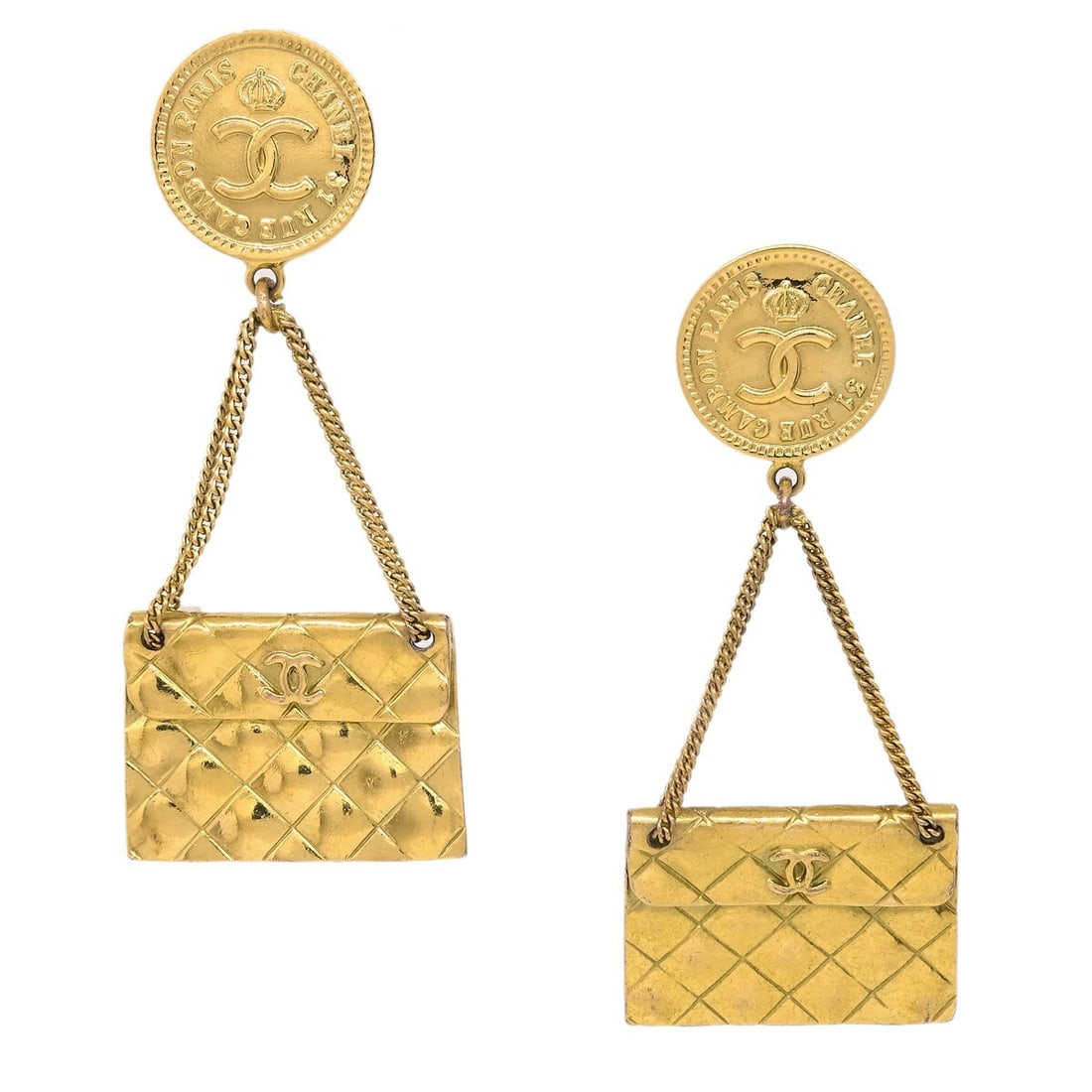 Chanel Gold-Plated Square Clip-On Dangle Earrings 94P: Chanel Gold-Plated Square Clip-On Dangle Earrings 94P Elevate your style with these exquisite Chanel Dangle Earrings. These clip-on earrings feature a square shape and a button style, crafted with a l