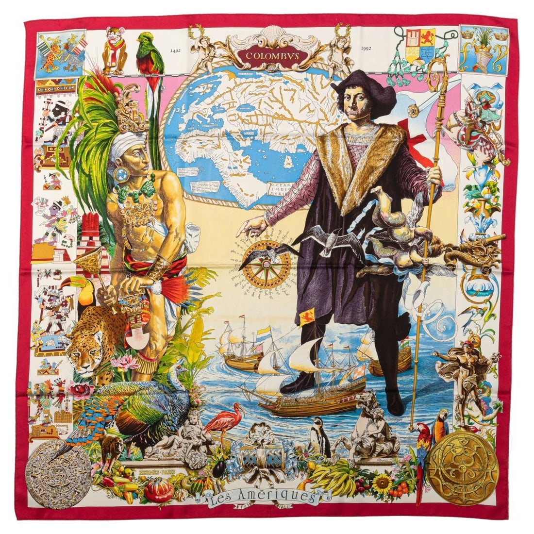 Hermes Columbus Red Silk Scarf 35in by Oliver: Hermes Columbus Red Silk Scarf 35in by Oliver Elevate your accessory collection with this exquisite Hermes Silk Scarf in the rare Columbus Red. Crafted from luxurious 100% silk twill, this scarf featu