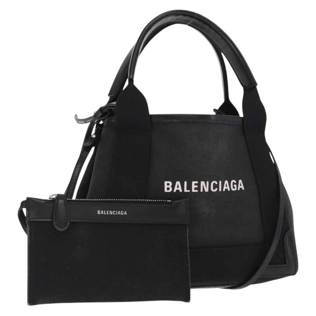 Balenciaga Cabas XS Canvas Handbag Black with Leather Trim: Balenciaga Cabas XS Canvas Handbag Black with Leather Trim This pre-owned Balenciaga Navy Cabas XS handbag for women features black canvas material with leather details. It measures 24cm x 18cm x 7cm