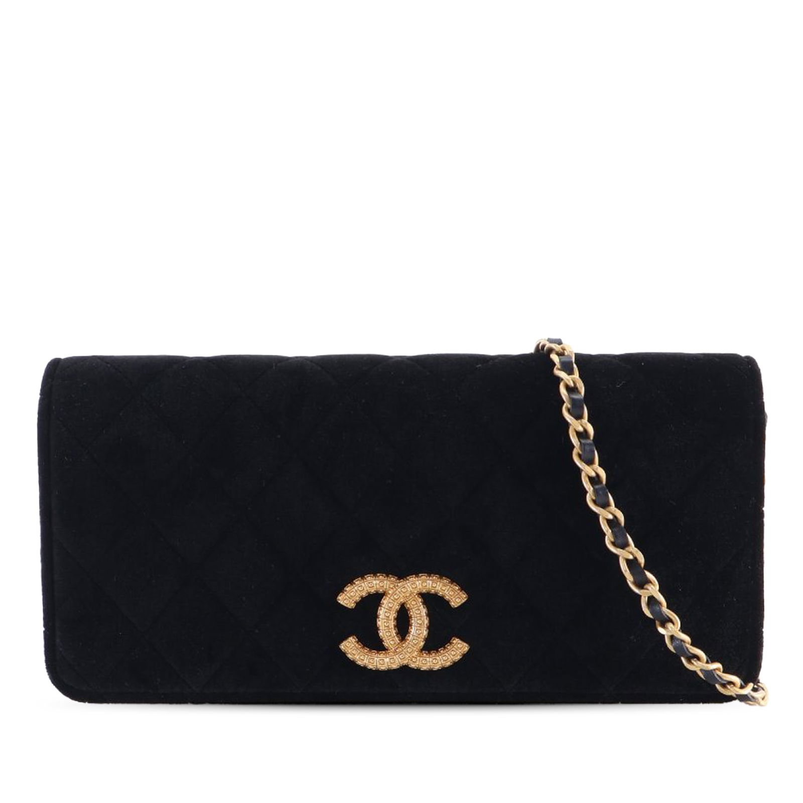 Chanel Black Quilted Velvet East West Chain Clutch Shoulder Bag: Chanel Black Quilted Velvet East West Chain Clutch Shoulder Bag This Chanel shoulder bag features a quilted velvet body with a front flap secured by a magnetic snap closure. The design includes a leat