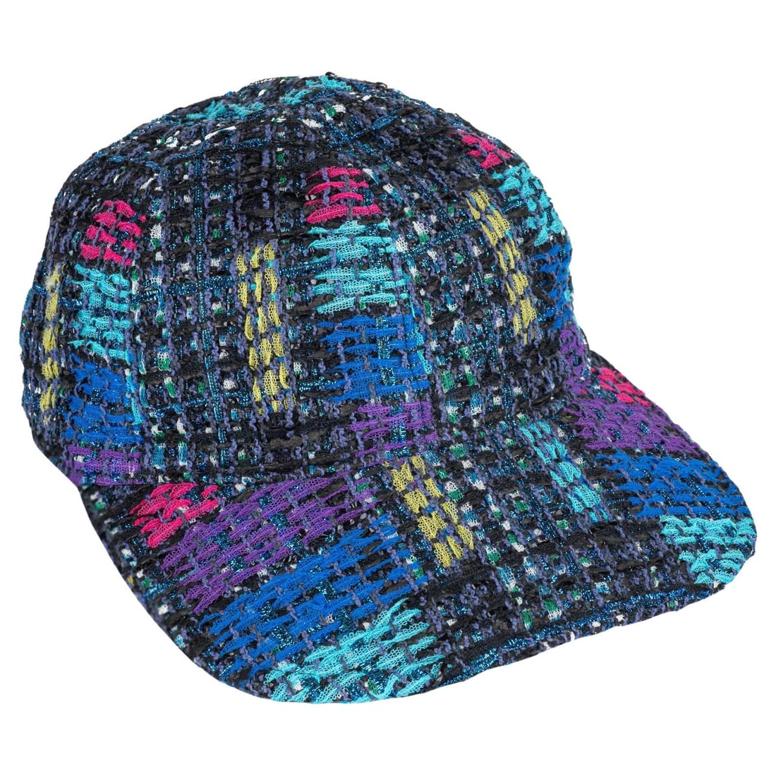 Chanel Multicolor Tweed Baseball Hat with Box: Chanel Multicolor Tweed Baseball Hat with Box Introducing a chic and stylish multicolor tweed baseball hat from Chanel, perfect for adding a designer touch to your casual wear. This medium-sized hat f