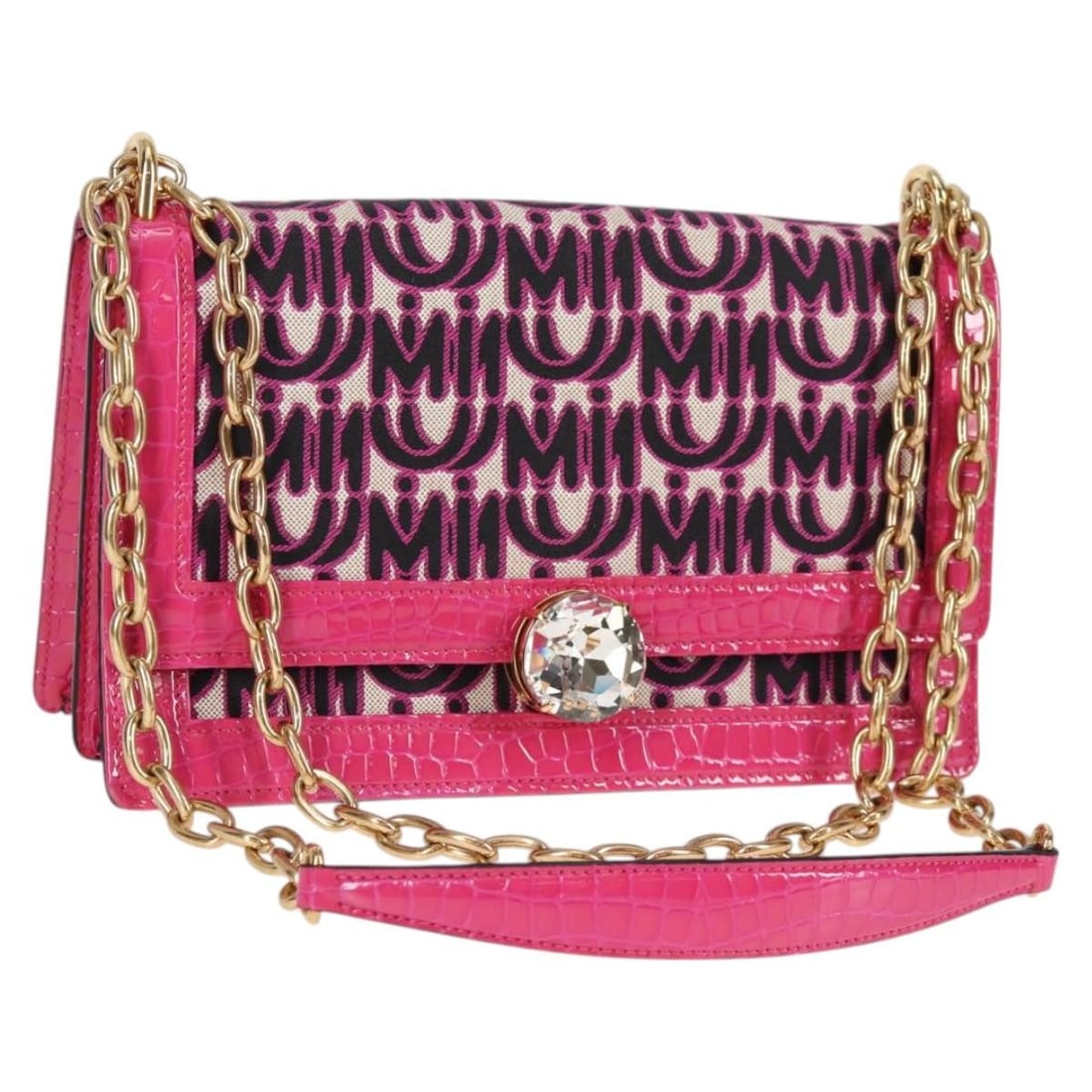 Pink Canvas Chain Shoulder Bag by Miu Miu: Pink Canvas Chain Shoulder Bag by Miu Miu This pre-owned Miu Miu Chain Shoulder Bag is crafted from pink canvas and features a chain shoulder strap. The bag is designed for women and has slight rubbin