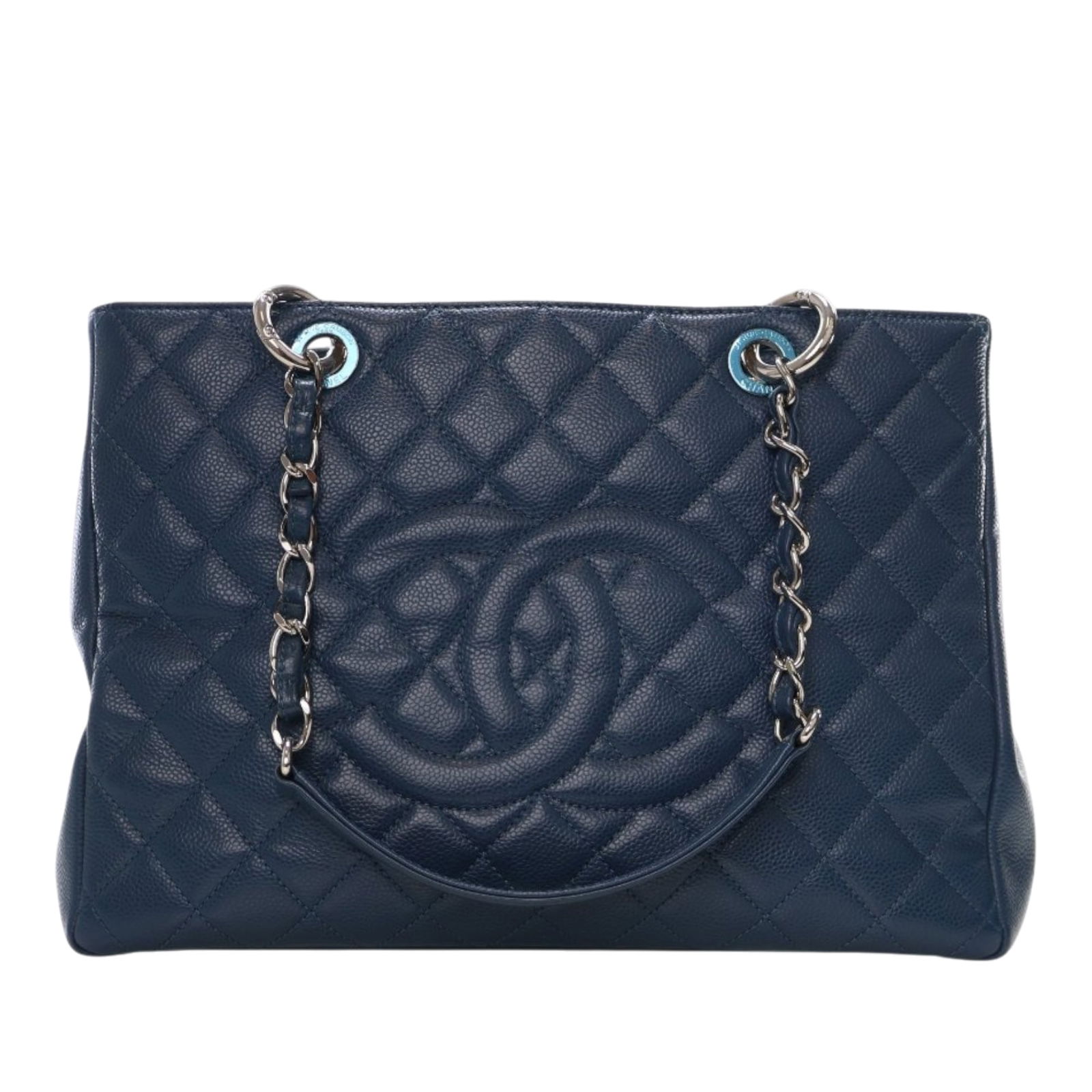 Blue Caviar Leather Grand Shopping Tote Bag by Chanel: Blue Caviar Leather Grand Shopping Tote Bag by Chanel This Chanel Grand Shopping Tote features a durable caviar leather body in blue, complemented by curb chain straps and an open top design. The tote