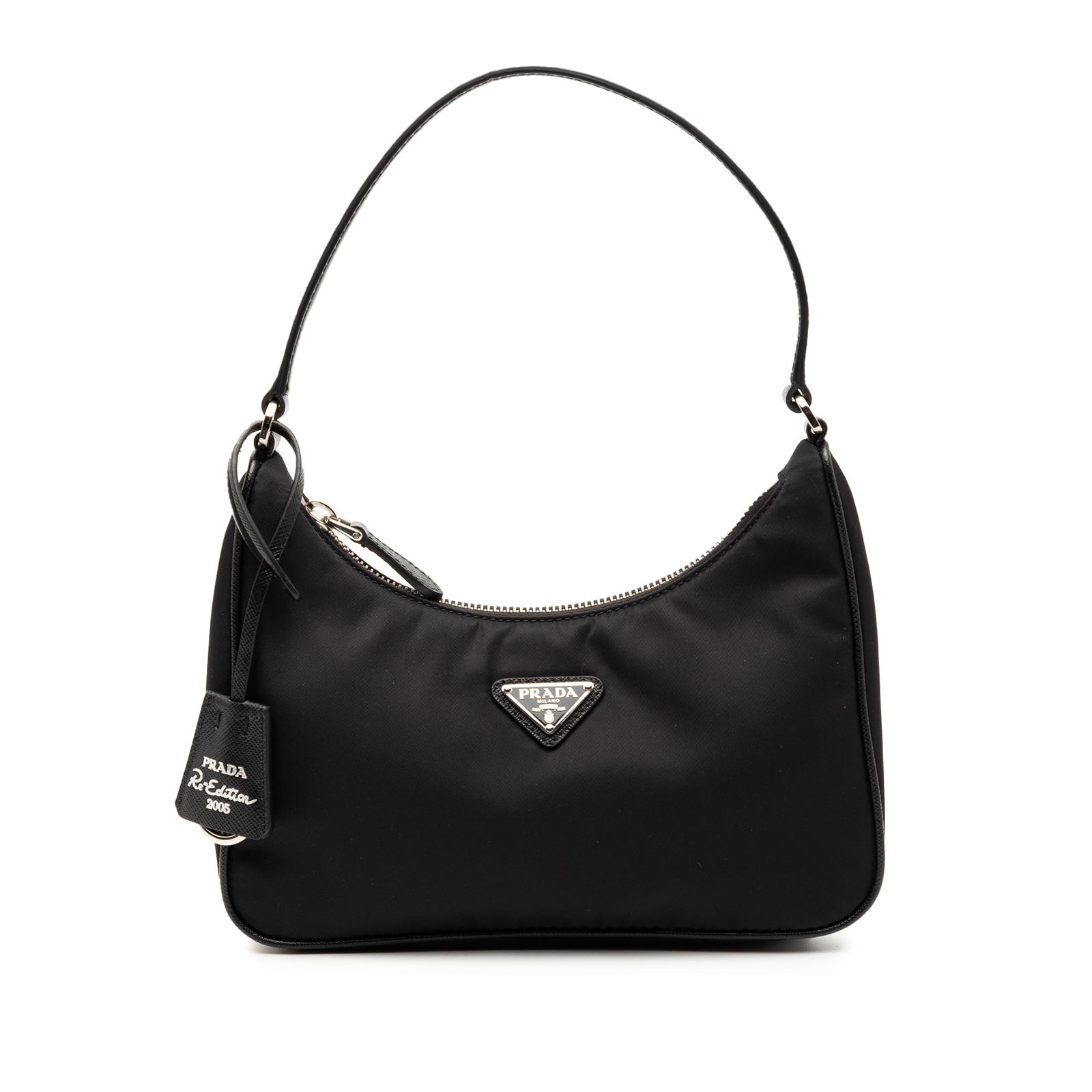 Black Prada Re Nylon 2005 Re Edition Shoulder Bag with Flat Strap: Black Prada Re Nylon 2005 Re Edition Shoulder Bag with Flat Strap This Prada Re Nylon Re Edition 2005 shoulder bag showcases a durable nylon body in black with a flat strap and a top zip closure. The