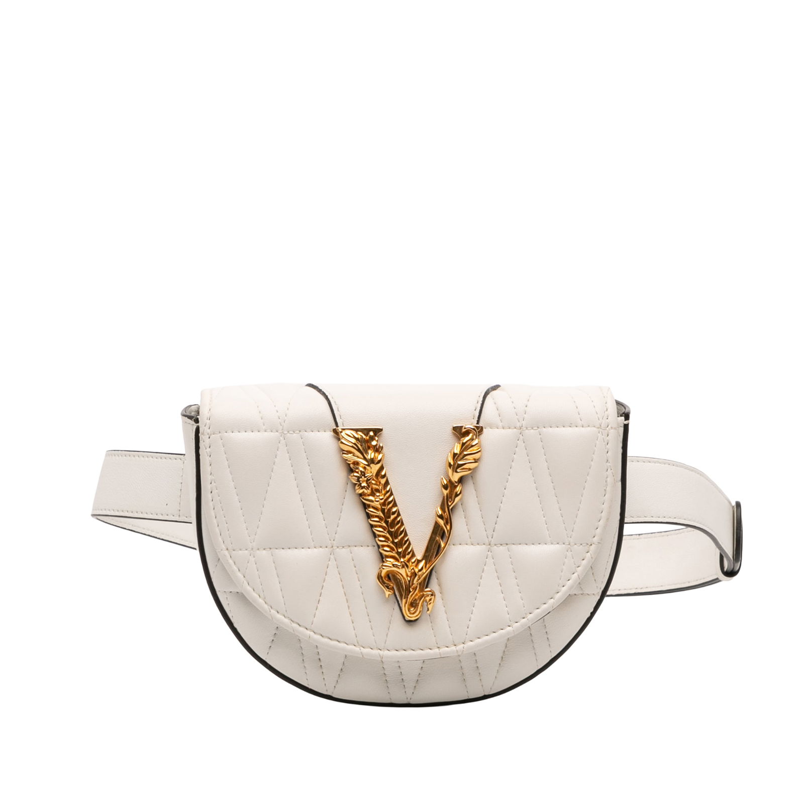 White Versace Virtus V Quilted Leather Crossbody and Belt Bag: White Versace Virtus V Quilted Leather Crossbody and Belt Bag This Versace Quilted Nappa Virtus V Crossbody Belt Bag features a quilted leather body in white, a detachable chain link shoulder strap, a