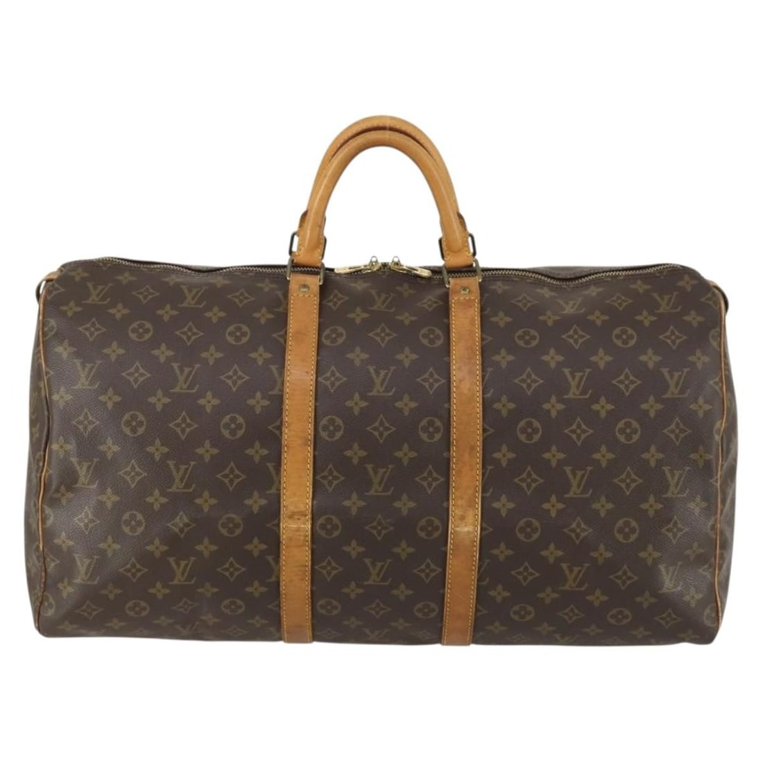 Brown Canvas Keepall 55cm Travel Bag by Louis Vuitton: Brown Canvas Keepall 55cm Travel Bag by Louis Vuitton This Louis Vuitton Keepall bag features the classic monogram canvas in brown, designed for unisex use. It measures 55cm x 27cm x 25cm and is craft