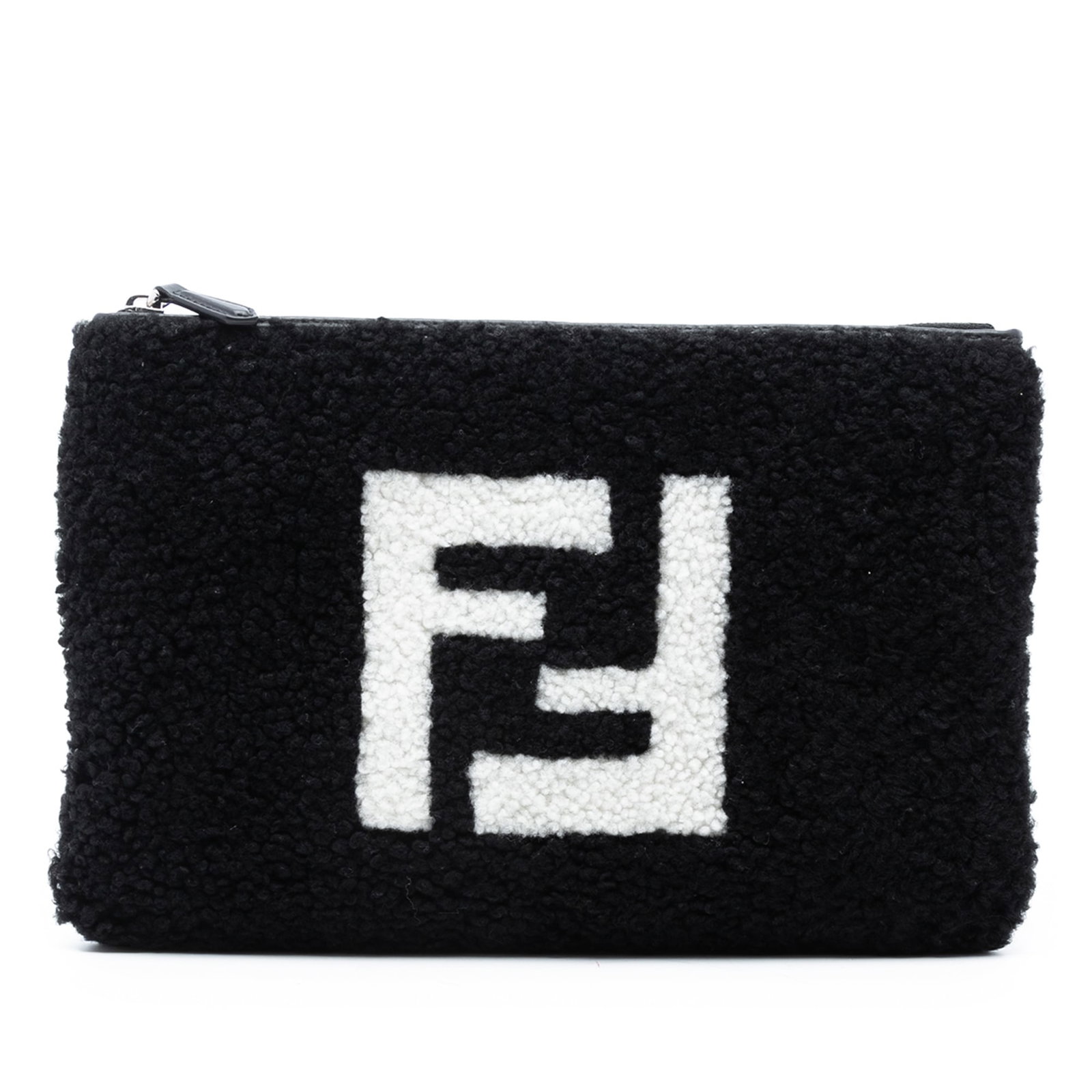 Fendi Black Shearling FF Pattern Flat Clutch with Leather Wrist Strap: Fendi Black Shearling FF Pattern Flat Clutch with Leather Wrist Strap This Fendi Shearling FF Flat Pouch features a luxurious shearling exterior, a flat leather wrist strap for convenient carrying, an