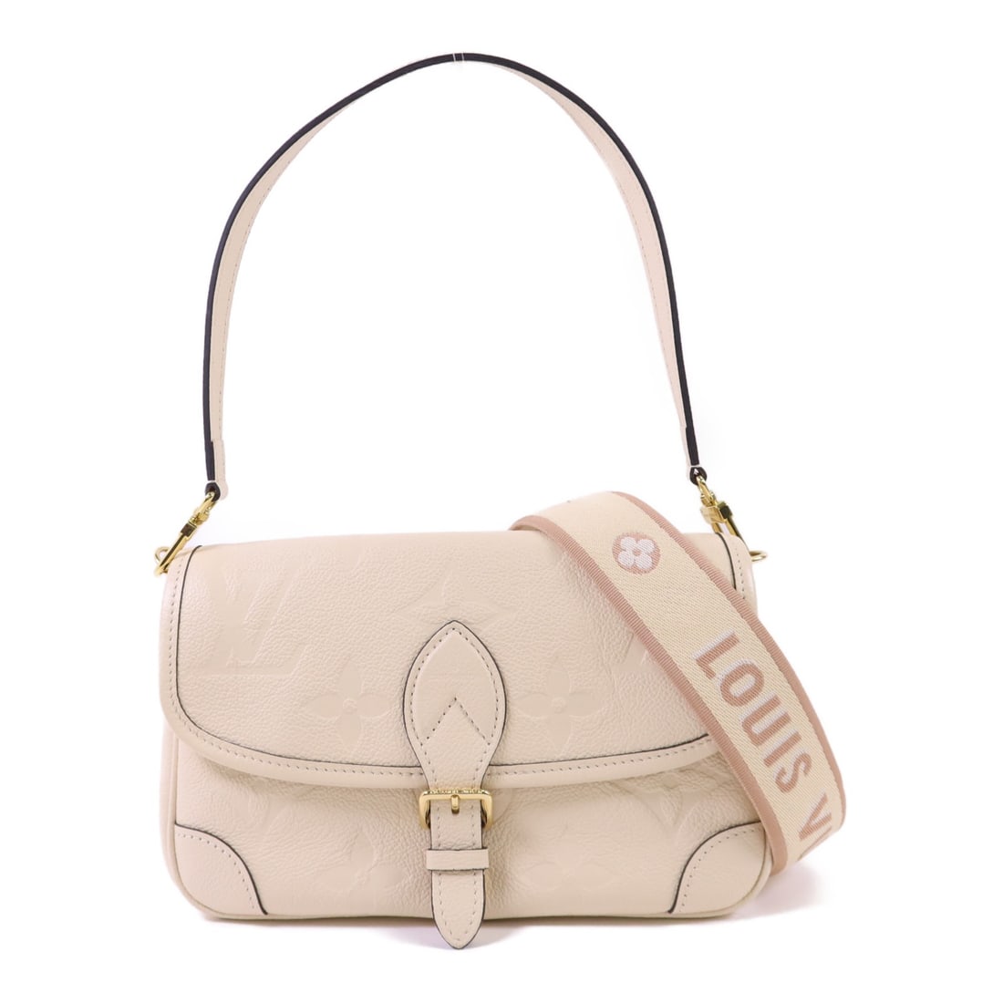 Louis Vuitton Diane Monogram Empreinte Beige Calfskin 2 Way Shoulder Bag M46388: Louis Vuitton Diane Monogram Empreinte Beige Calfskin 2 Way Shoulder Bag M46388 This Louis Vuitton Diane 2-way shoulder bag features a versatile design crafted from beige calfskin monogram empreinte l