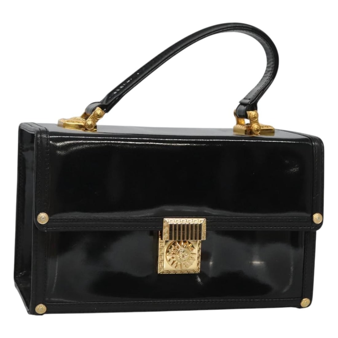 Versace Patent Leather Vintage Box Handle Purse Black 23cm: Versace Patent Leather Vintage Box Handle Purse Black 23cm This vintage Versace box handle bag for women features black patent leather construction with a structured box shape. It includes a top handl