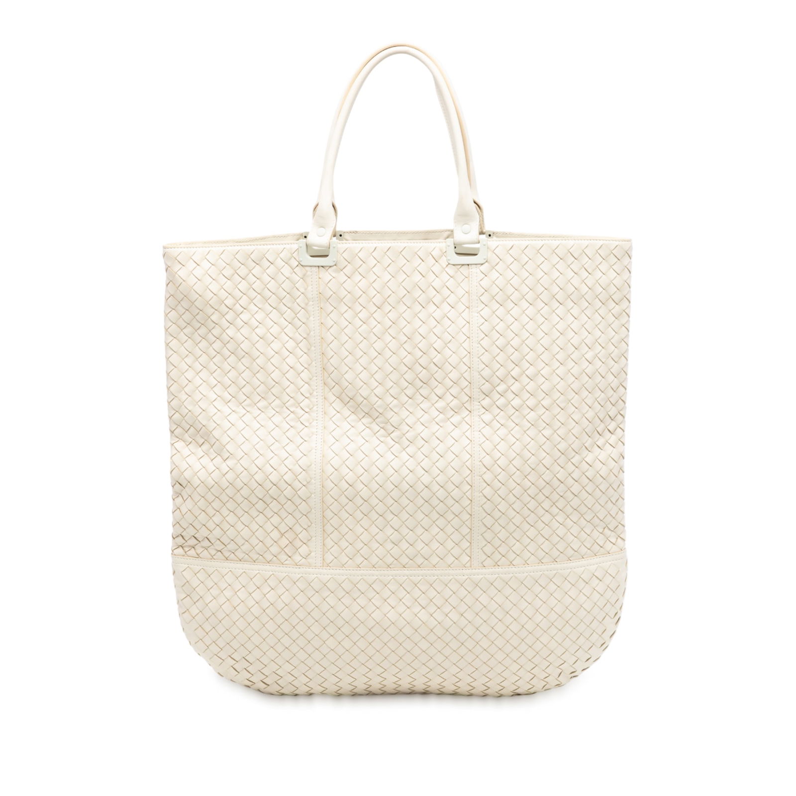 White Nappa Leather Woven Tote Bag by Bottega Veneta: White Nappa Leather Woven Tote Bag by Bottega Veneta This Bottega Veneta Nappa Intrecciato Tote features a woven nappa leather body with rolled leather handles and a top zip closure. The bag is crafte