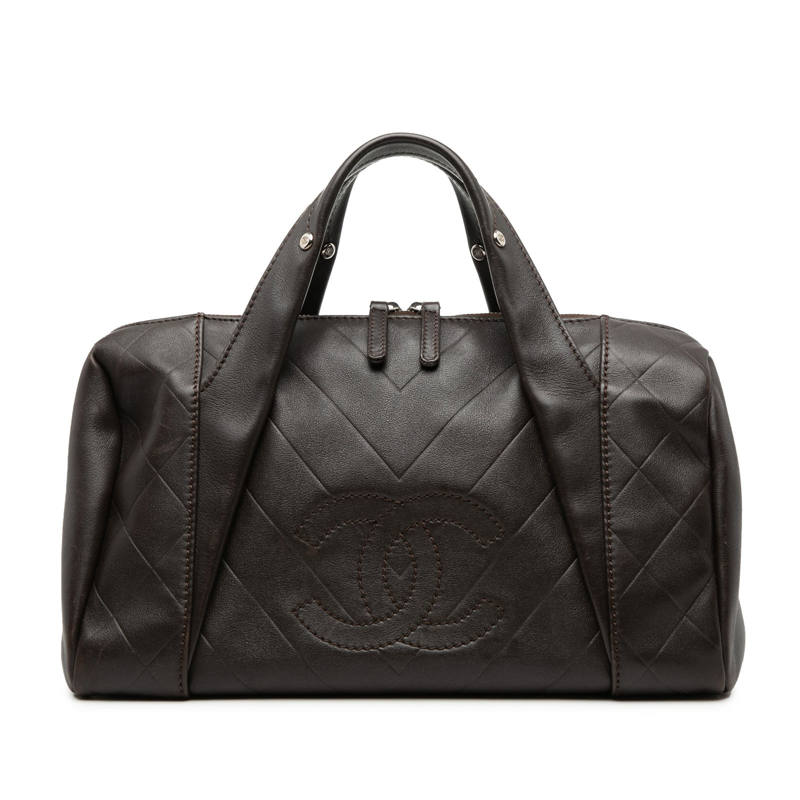 Chanel Chevron Quilted Lambskin Medium Bowling Bag with Silver Hardware: Chanel Chevron Quilted Lambskin Medium Bowling Bag with Silver Hardware This Chanel Medium Chevron Lambskin All Day Long Bowling Bag features a quilted brown lambskin leather exterior with flat leathe