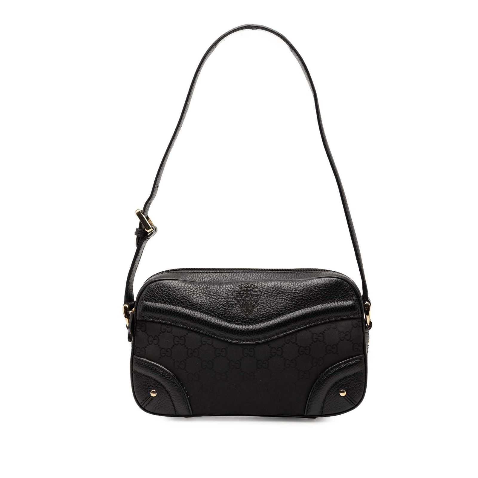 Black GG Nylon Crest Shoulder Bag by Gucci with Leather Strap: Black GG Nylon Crest Shoulder Bag by Gucci with Leather Strap This Gucci GG Nylon Crest Shoulder Bag features a black nylon and leather exterior with a flat leather strap, top zip closure, and both in