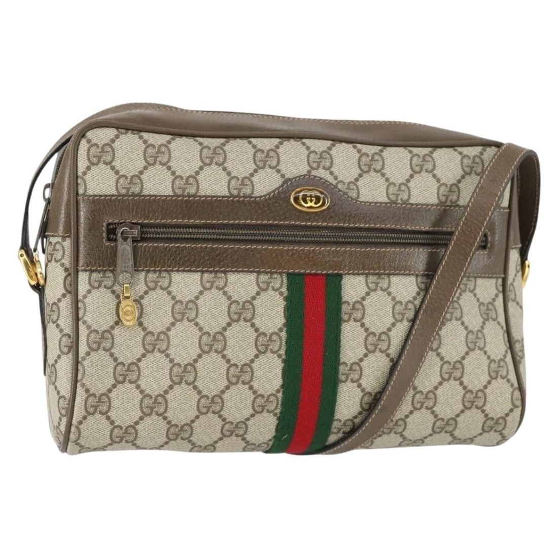 Beige Gold GG Supreme PVC Shoulder Bag by Gucci Sherry Line 32 02 005: Beige Gold GG Supreme PVC Shoulder Bag by Gucci Sherry Line 32 02 005 This is a Gucci GG Supreme Web Sherry Line shoulder bag crafted from beige and gold PVC leather with GG canvas. The bag features a