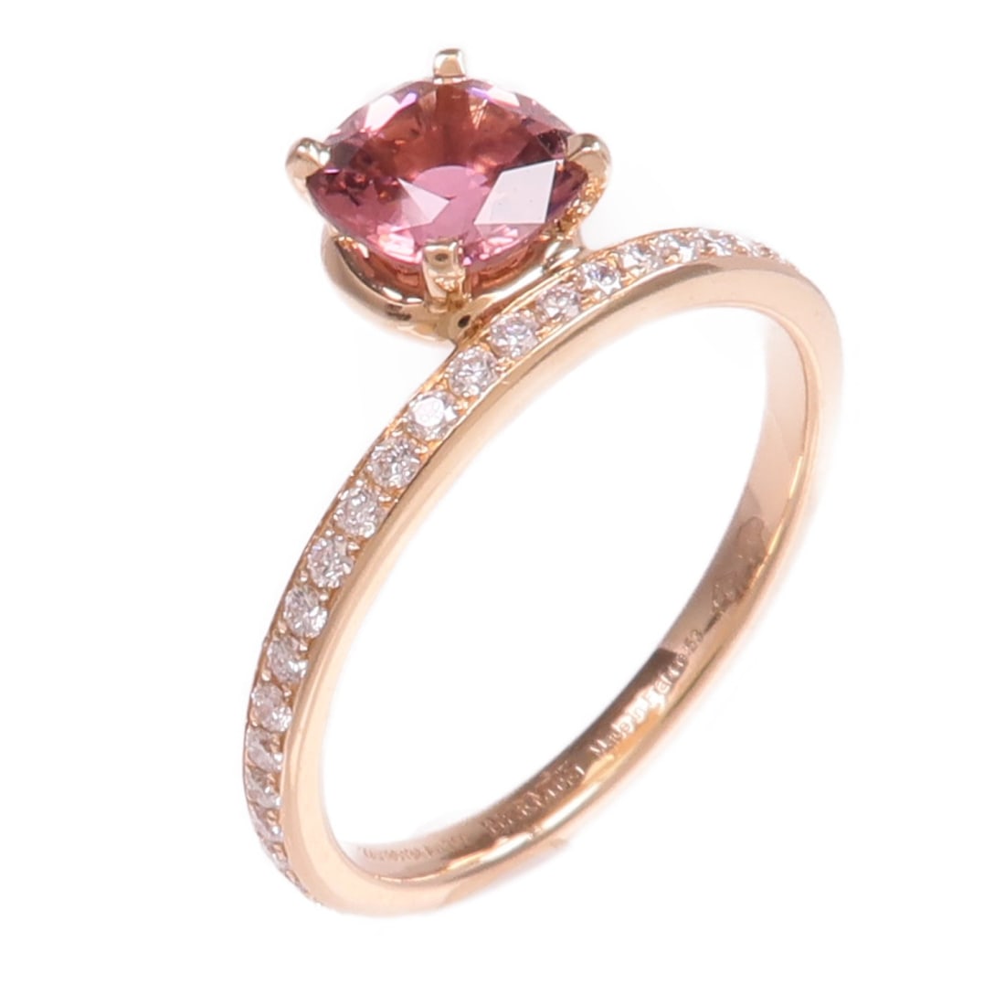 Grand Jete Solitaire Ring by Hermes in 18K Rose Gold with Tourmaline and Diamond: Grand Jete Solitaire Ring by Hermes in 18K Rose Gold with Tourmaline and Diamond This Hermes Grand Jete Solitaire ring features a pink tourmaline center stone accented with diamonds, set in 18K rose g
