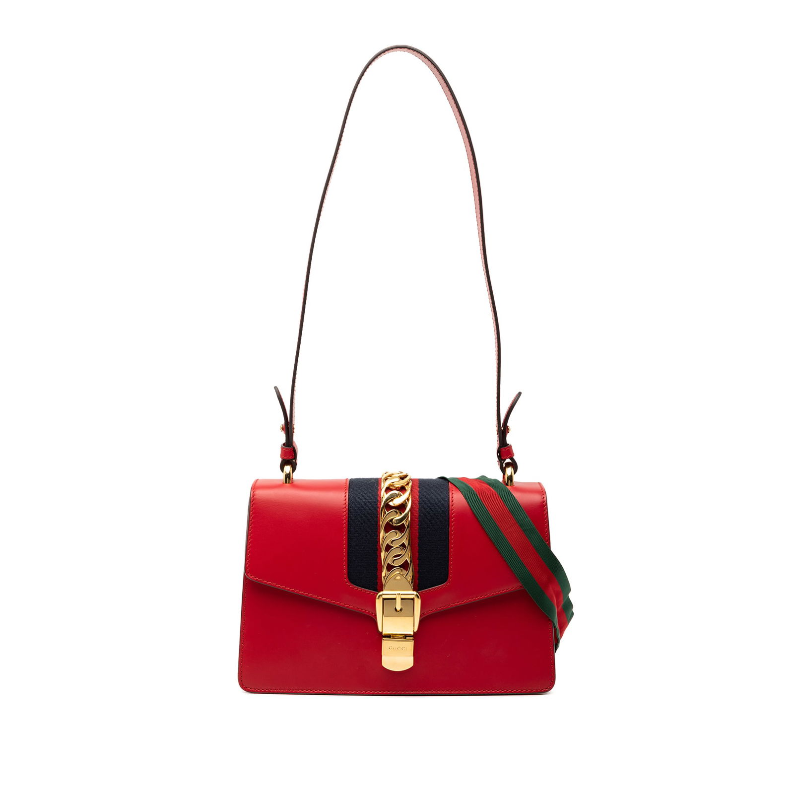 Gucci Sylvie Small Red Leather Satchel with Web Detail and Straps: Gucci Sylvie Small Red Leather Satchel with Web Detail and Straps This Gucci Small Leather Sylvie Web Satchel features a red leather body with signature web detailing, a flat leather handle, a detacha
