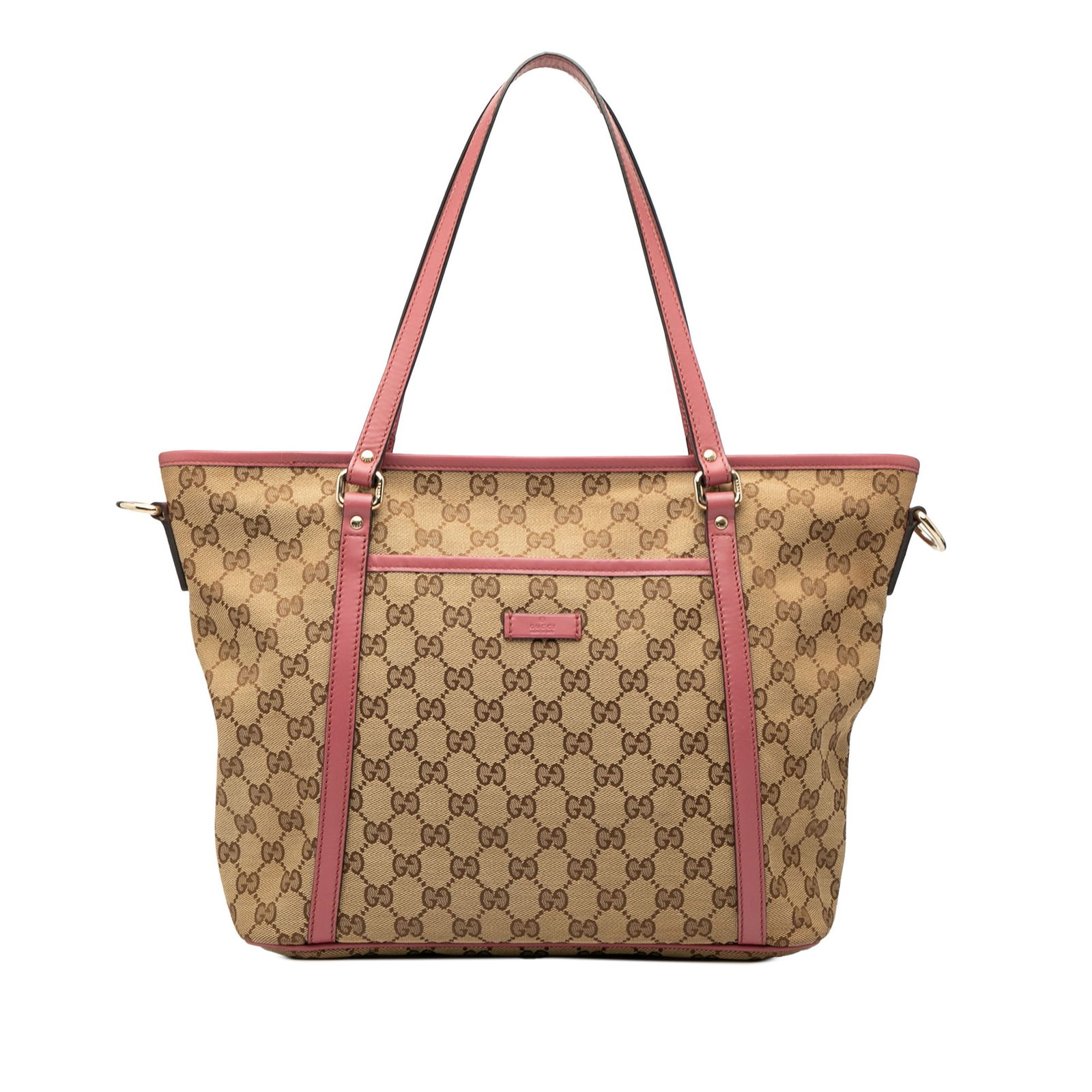 Brown GG Canvas Satchel with Leather Trim and Convertible Straps by Gucci: Brown GG Canvas Satchel with Leather Trim and Convertible Straps by Gucci This Gucci GG Canvas Convertible Joy Tote features a canvas body with leather trim, flat leather straps, a top zip closure, ex
