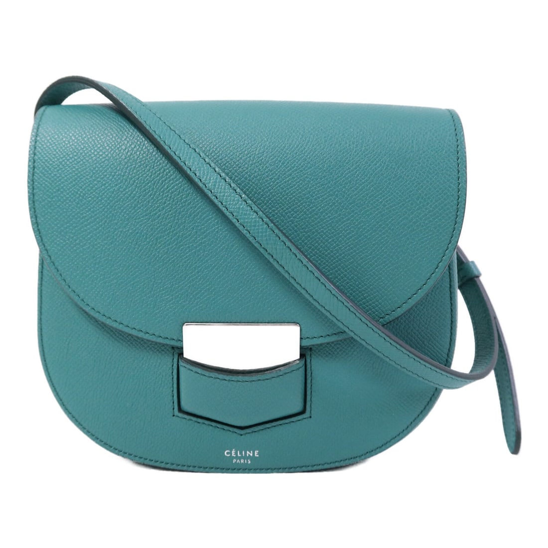 Trotteur Green Calfskin Shoulder Bag by CELINE with Silver Hardware: Trotteur Green Calfskin Shoulder Bag by CELINE with Silver Hardware This Celine Trotteur shoulder bag features green calfskin leather and a streamlined silhouette. It is designed for regular size use