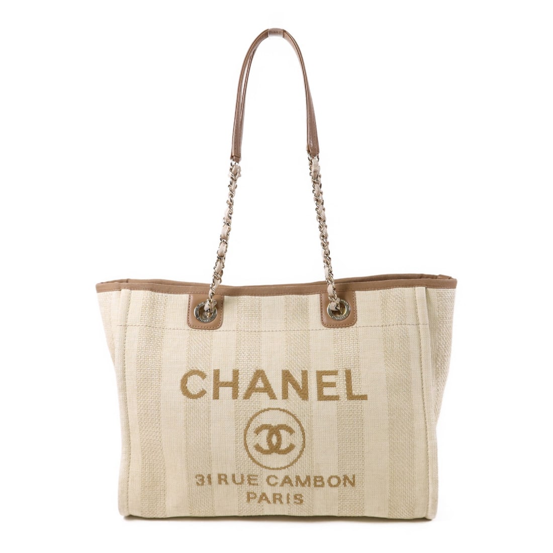 CHANEL Deauville Tote Bag Beige GHW Fabric Shoulder Bag (1 of 18)
