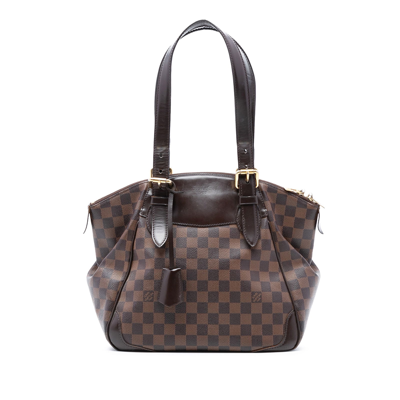 Verona MM Damier Ebene canvas shoulder bag by Louis Vuitton: Verona MM Damier Ebene canvas shoulder bag by Louis Vuitton This Louis Vuitton Damier Ebene Verona MM features a signature Damier Ebene canvas body with leather trim, flat leather straps, a two-way to