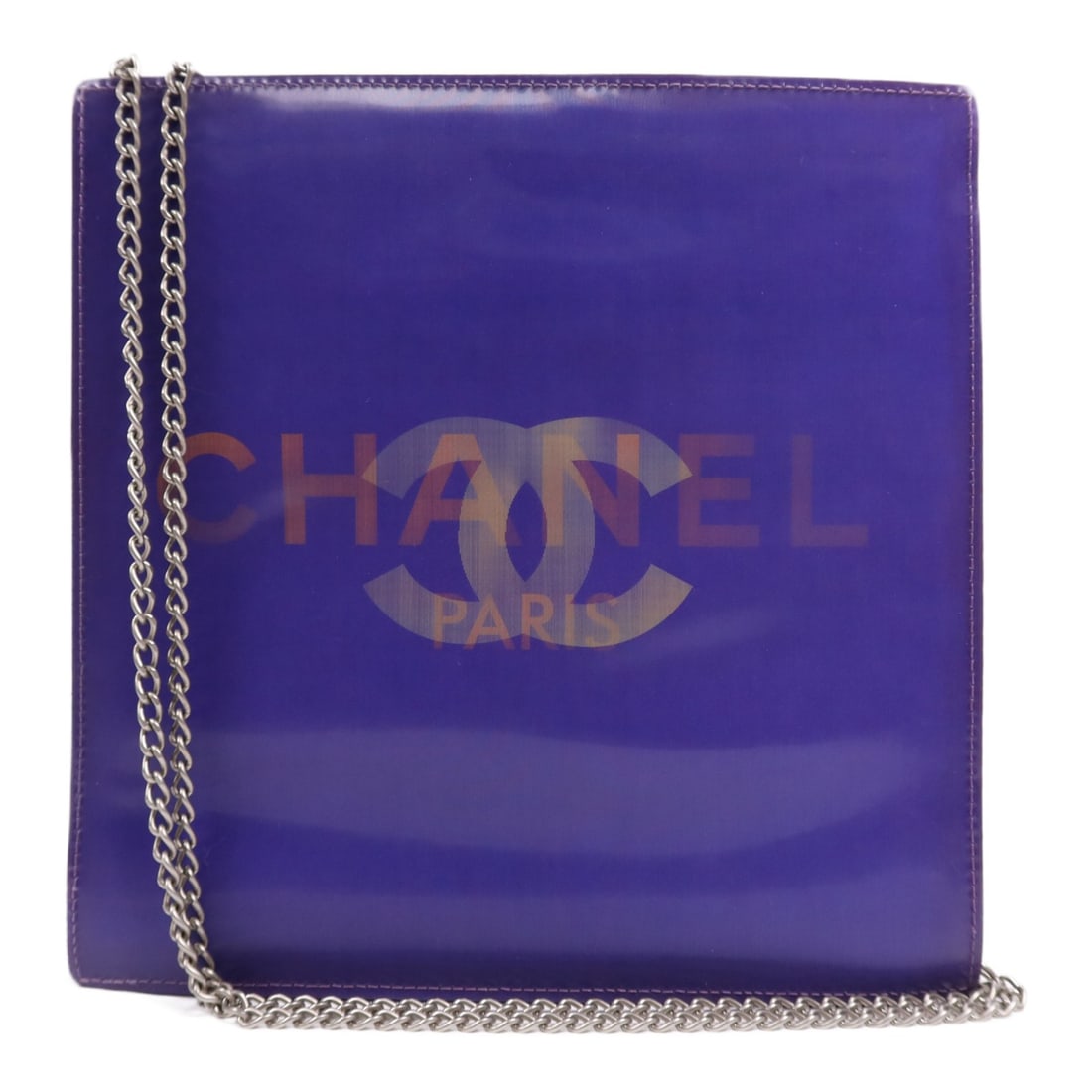 CHANEL Purple PVC Chain Shoulder Bag with SHW: CHANEL Purple PVC Chain Shoulder Bag with SHW This exquisite CHANEL shoulder bag, crafted in elegant purple PVC, is a stylish accessory for any occasion. The bag features a sleek design, making it per