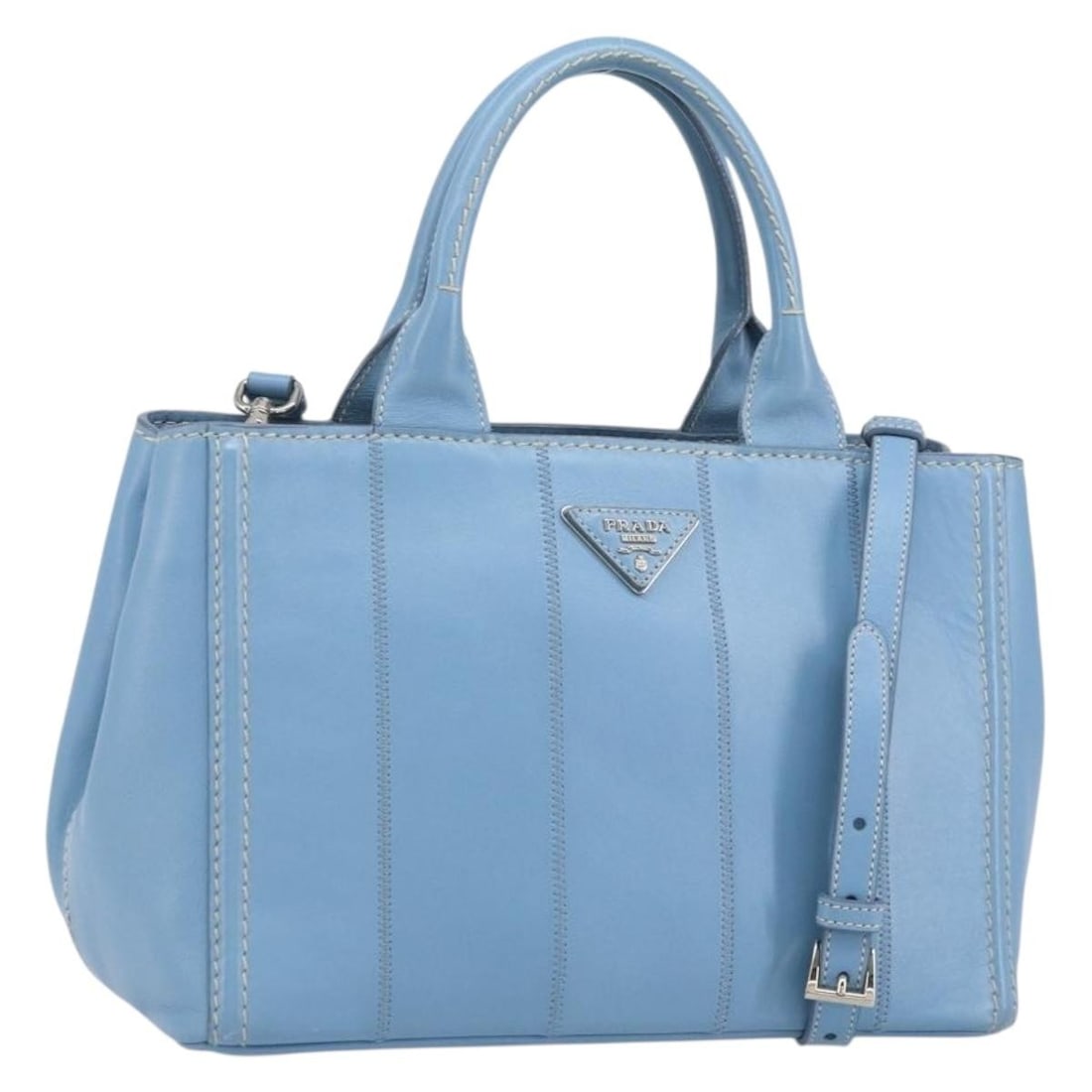 Prada Light Blue Leather 2way Satchel with Silver Accents and Shoulder Strap: Prada Light Blue Leather 2way Satchel with Silver Accents and Shoulder Strap This PRADA 2-way handbag features a sophisticated light blue and silver leather exterior. It can be carried by hand or worn