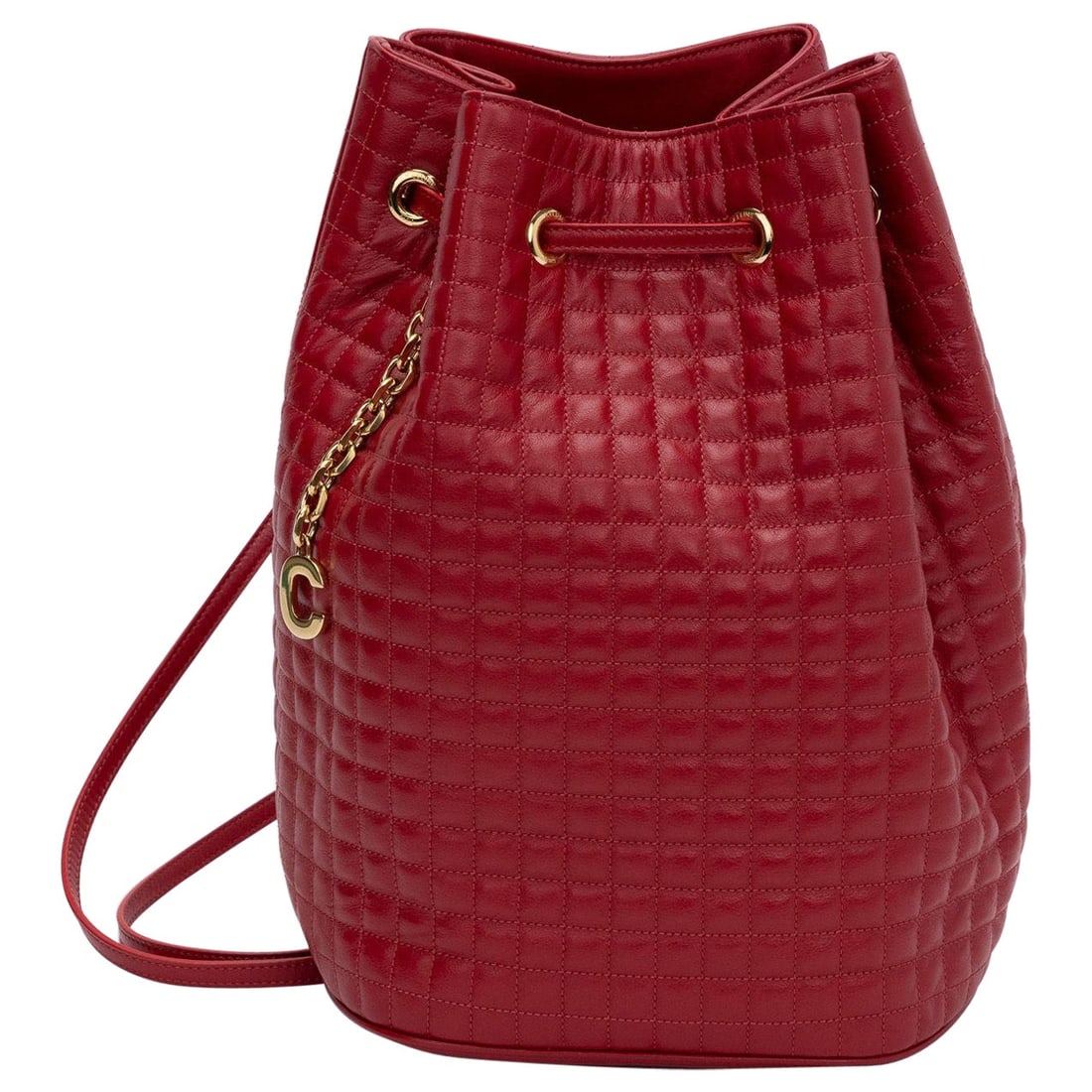 Celine Red Quilted Leather Backpack with Gold Hardware: Celine Red Quilted Leather Backpack with Gold Hardware Introducing a stunning Celine Red Leather Backpack, crafted from high-quality quilted leather. This elegant backpack features luxurious gold meta