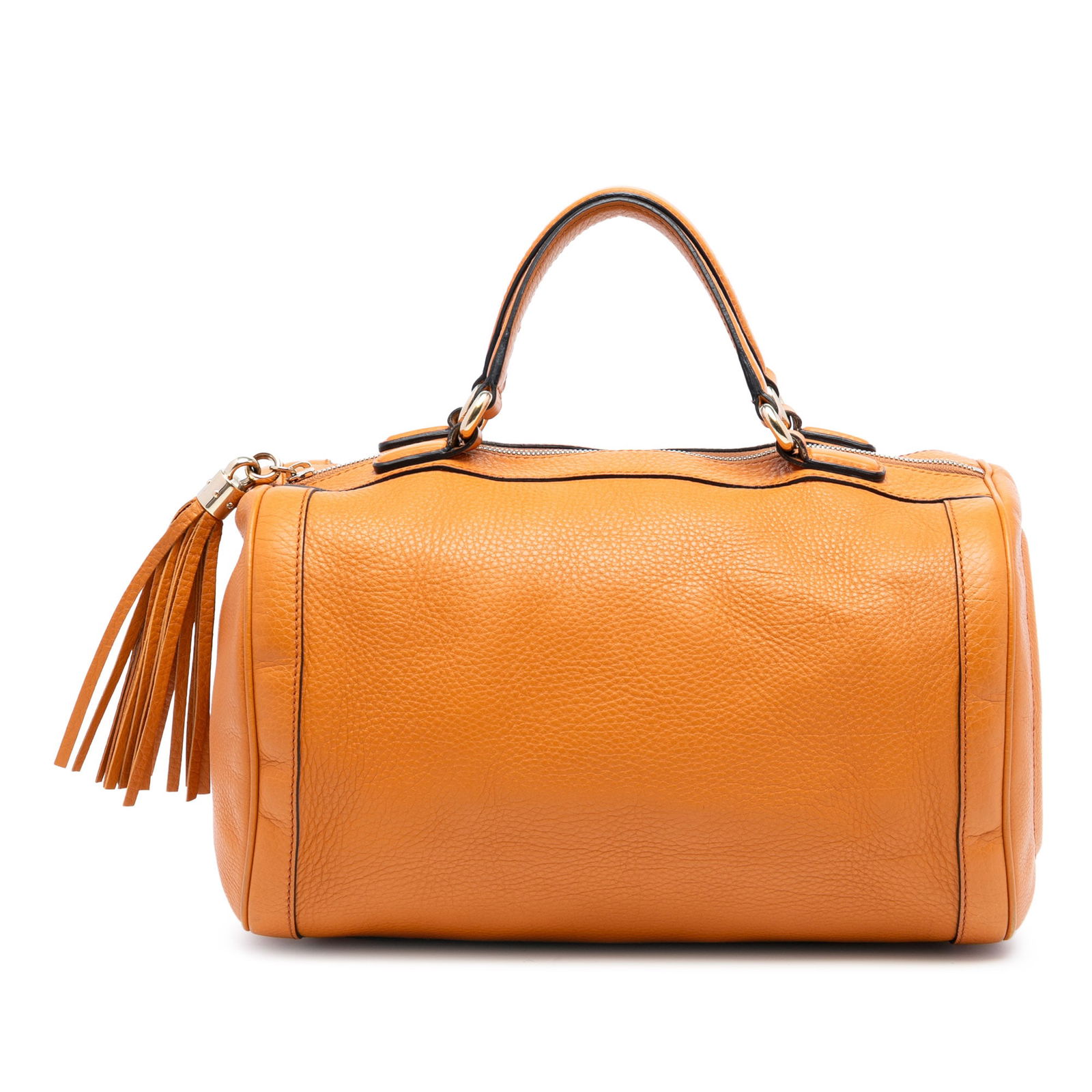 Gucci Soho Boston Medium Orange Pebbled Calfskin Leather Bag: Gucci Soho Boston Medium Orange Pebbled Calfskin Leather Bag This Gucci Medium Pebbled Calfskin Soho Boston Bag features a leather body with flat leather handles, a top zip closure with tassel detail,